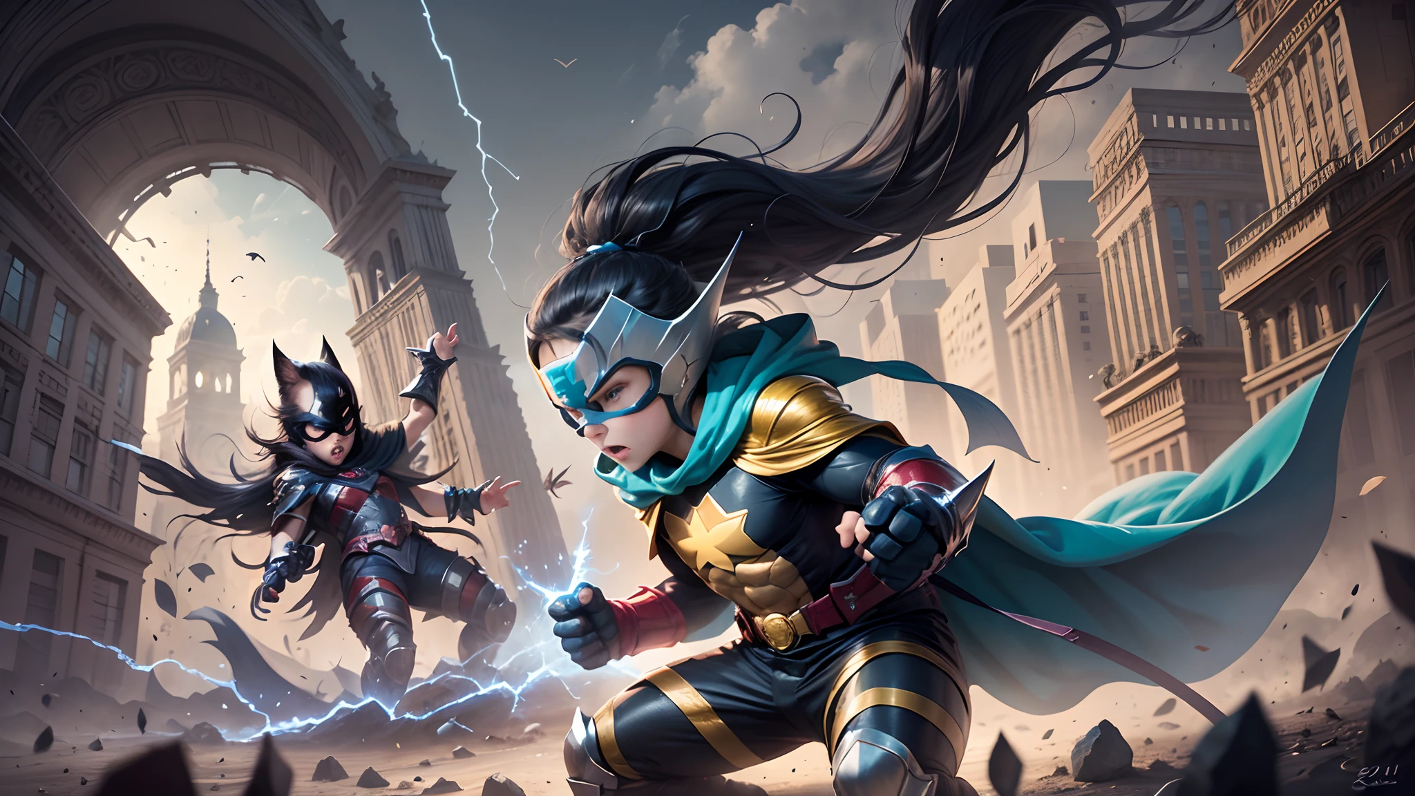 a child superhero fighting a villain, children's book drawing --auto --s2