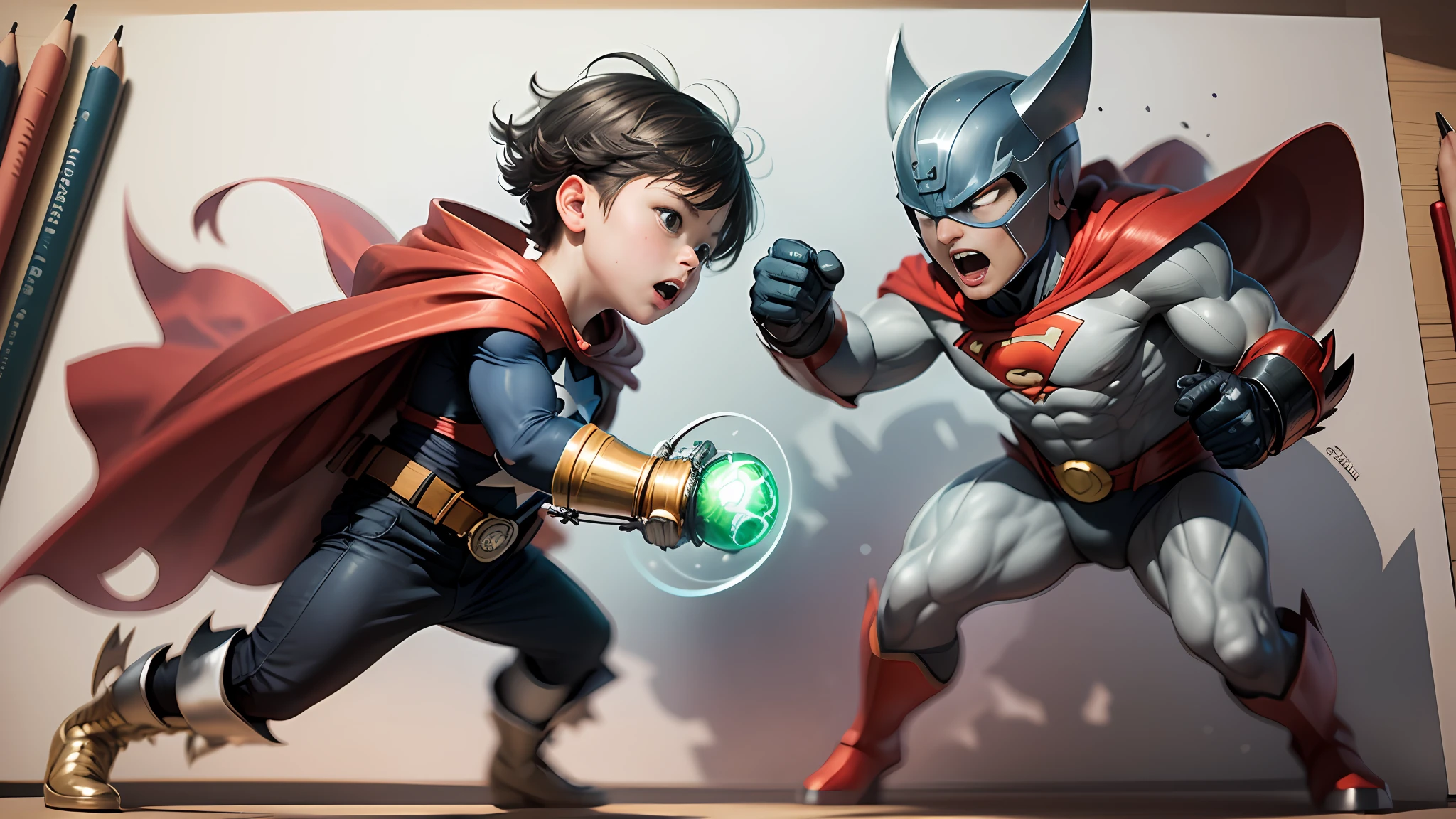 a child superhero fighting a villain, children's book drawing --auto --s2