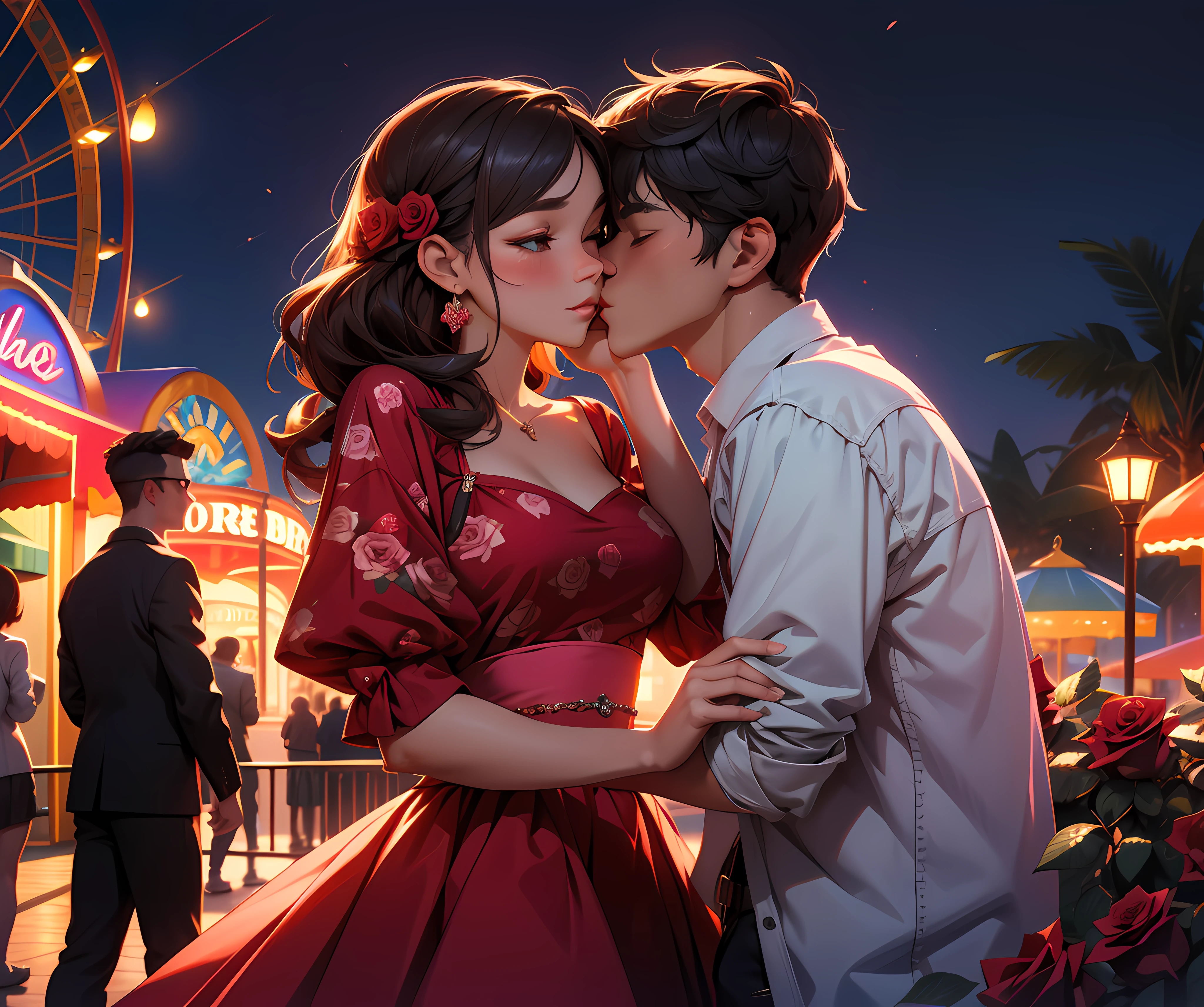 (absurdres, highres, ultra detailed), a loving gorgeous couple kissing, date night at an amusement park, romantic atmosphere, roses, soft lighting, 8k resolution