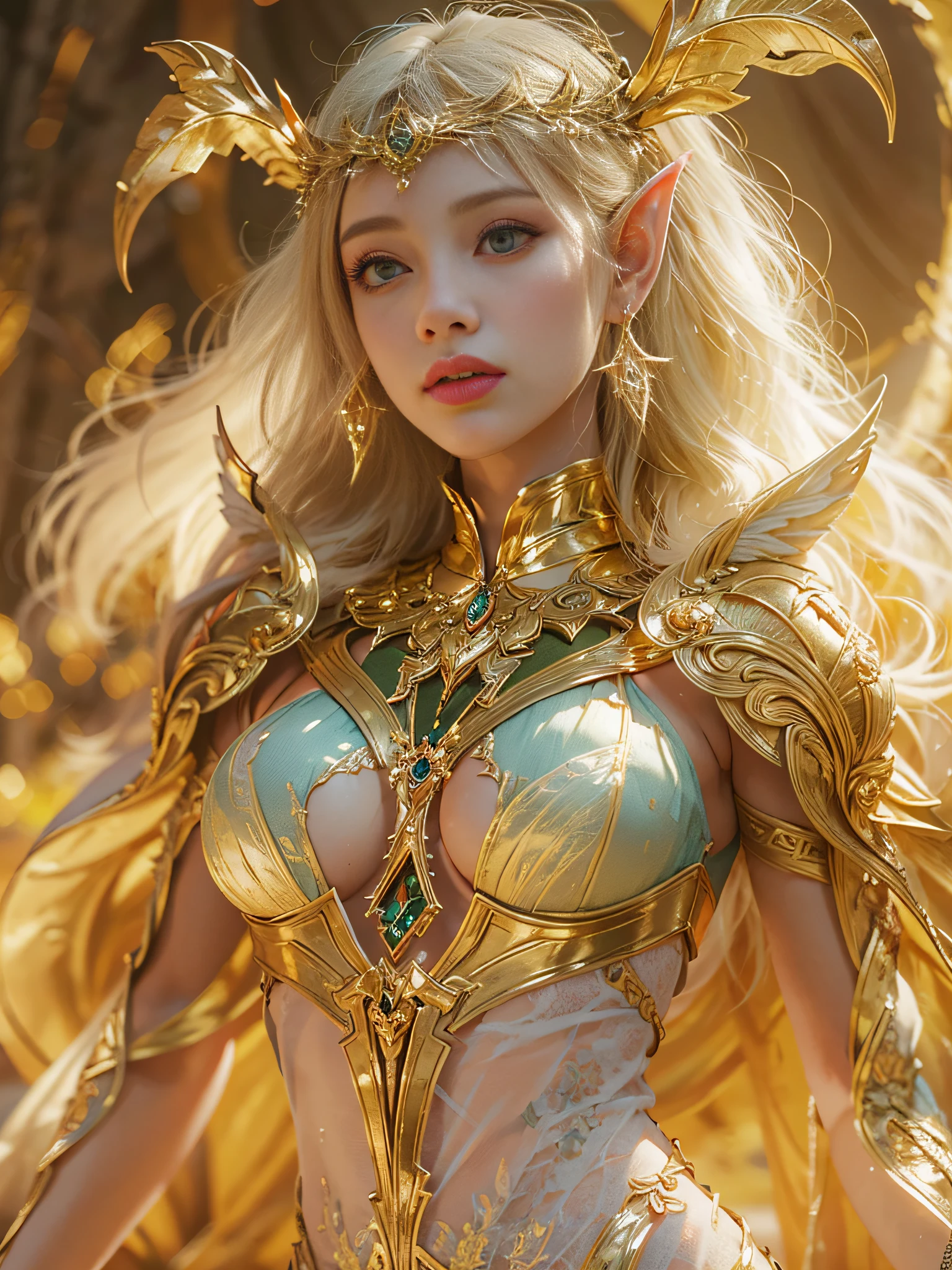 A close up of a elf fairy in a golden costume, unreal engine render + a goddess, unreal 6 breathtaking detailed, 8k, digital art, artgerm, 3d, Movie Still, warm color, vibrant, volumetric light, full body portrait