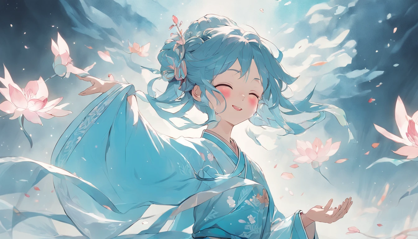 Ancient Chinese girl in light blue Hanfu smiling,Prayers are surrounded. Huge lotus flower, ,The median is transparent/Translucent pink lotus, soft, Glow,author：Yumei, Light, light blue and white, Simple white background, 8K ,cheerfulness,Bright, Sunny, Warm and sunny，Veiled face,Many petals are falling, North and South Dynasties,Hanfu, Very simple wind, Line,Chibi anime style - niji 5 --ar 3:4