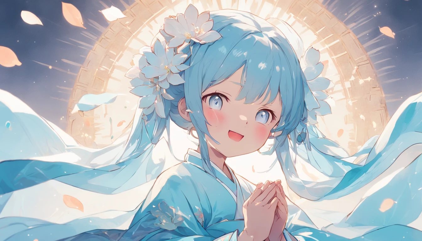 Ancient Chinese girl in light blue Hanfu smiling,Prayers are surrounded. Huge lotus flower, ,The median is transparent/Translucent pink lotus, soft, Glow,author:Yumei, Light, light blue and white, Simple white background, 8K ,cheerfulness,Bright, Sunny, Warm and sunny,Veiled face,Many petals are falling, North and South Dynasties,Hanfu, Very simple wind, Line,Chibi anime style - niji 5 --ar 3:4