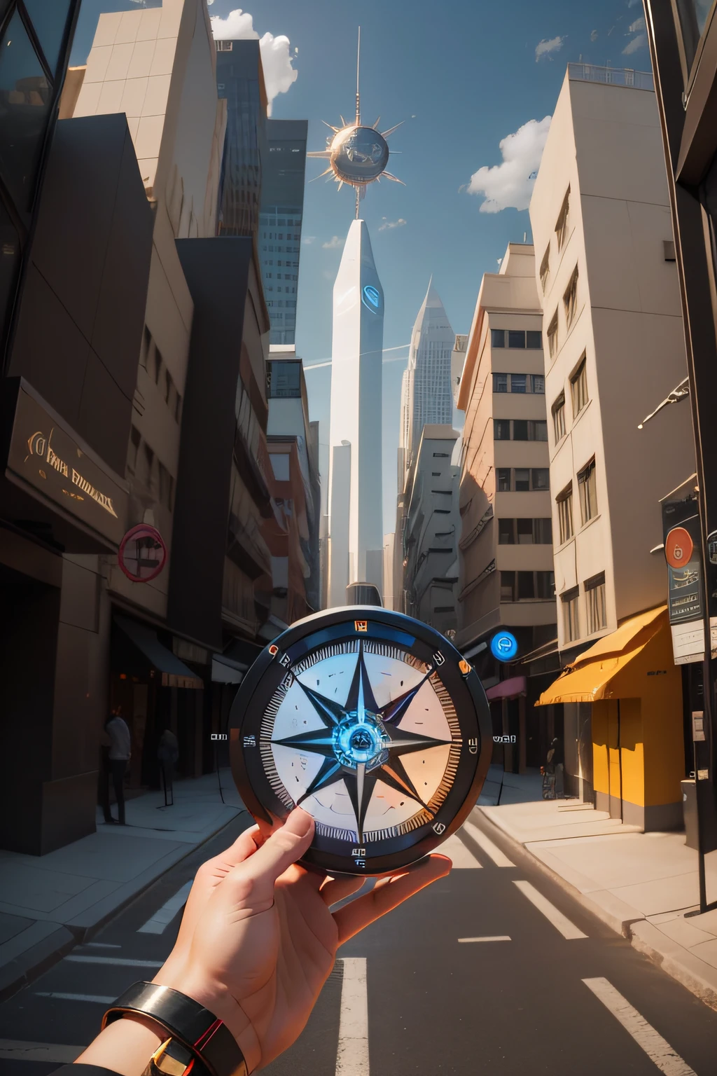 Design a futuristic compass with a high-tech approach. Incorporate LED lights or holographic effects for a rich look."
