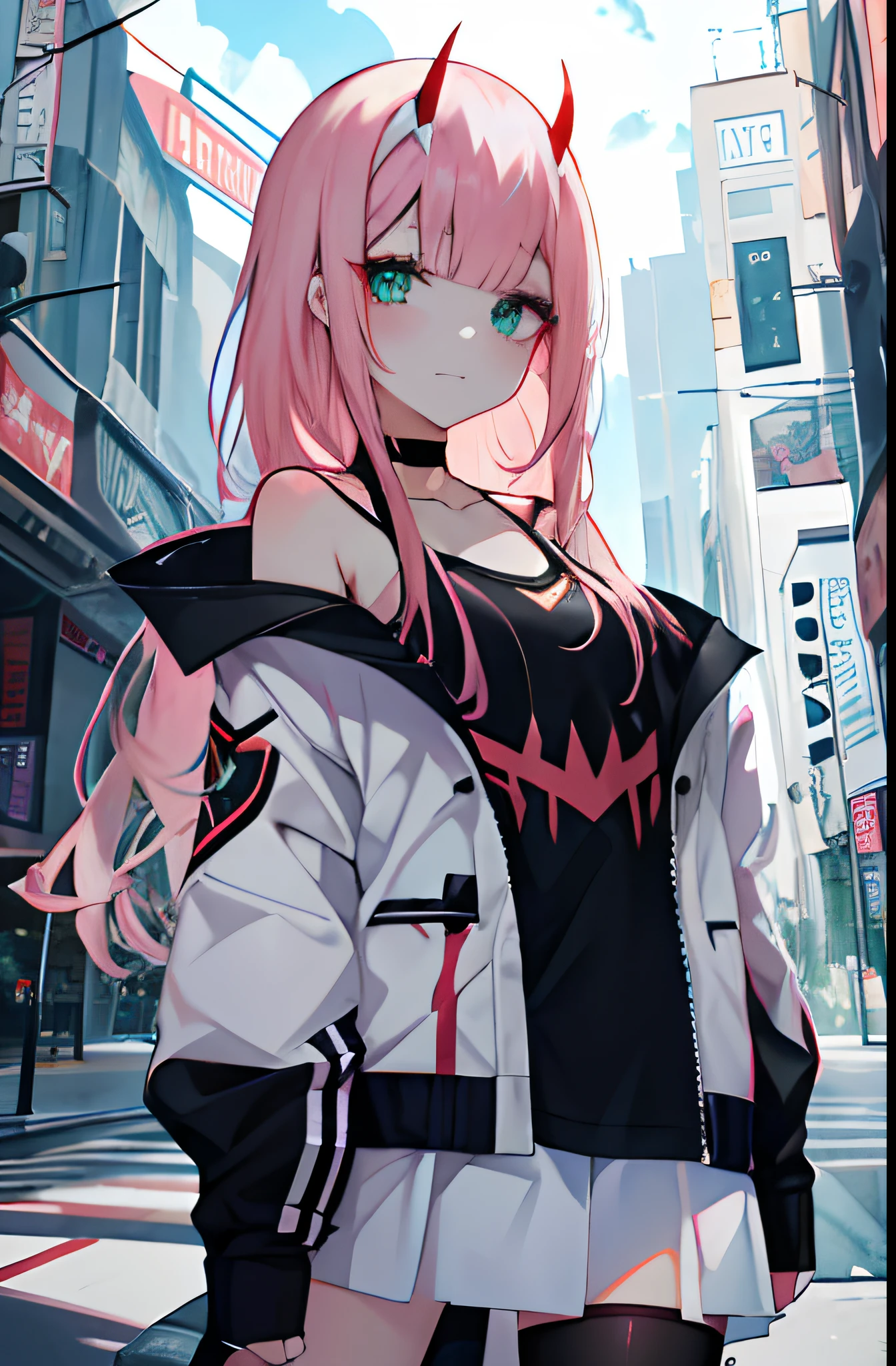 Zerotwo \(darling on franxx\), darling on franxx, 1girll, Closed mouth, bangs, , bite, eye shadows, Green eyes, hair behind head, Horns, Long hair, view the viewer,, Makeup, Black shirt, Black choker,Pink hair, Red eyeshadow, Science fiction, taut skin, Solo, Sea, Sky blue