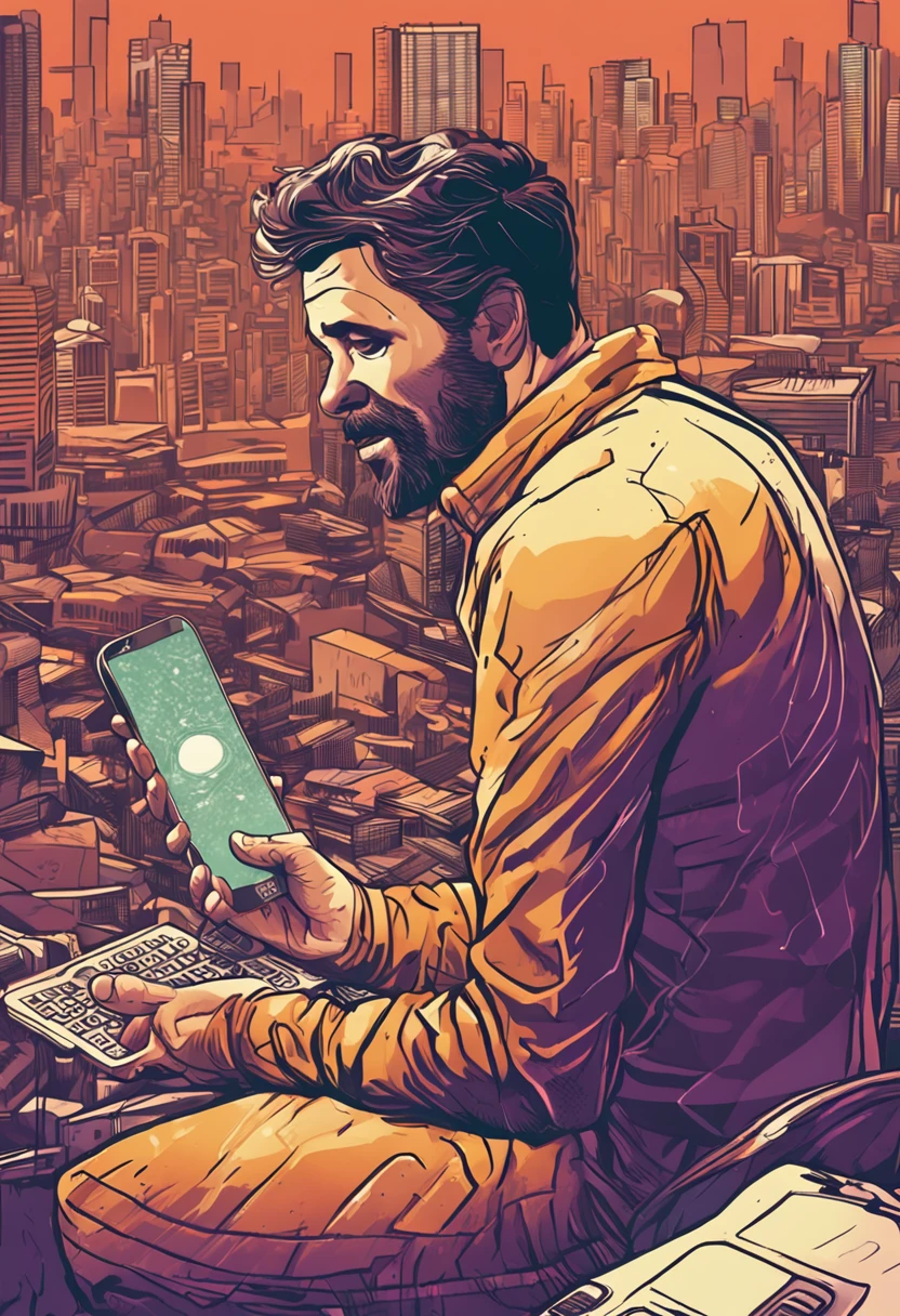 fundo escuro, homem segurando um celular com iconis futuristicos e um foguete saindo de dentro do celular.
