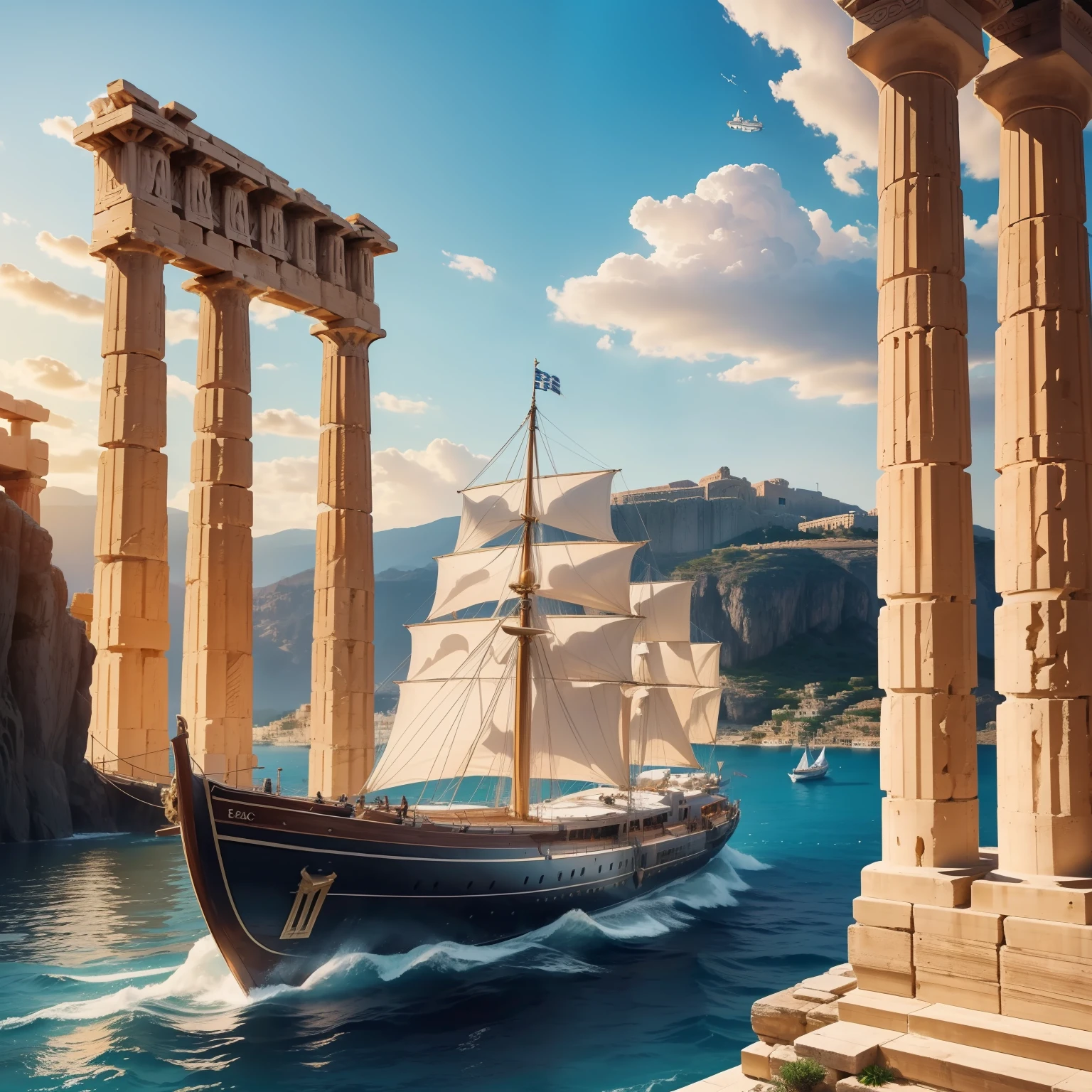 ((Majestic+Fantastic) ancient Greece), (Envision+imagine) an epic and mysterious scene. Visualize ancient (ships+boats+yachts) sailing gracefully along the (serene+beautiful) shores, surrounded by (magnificent+towering) ancient Greek buildings.