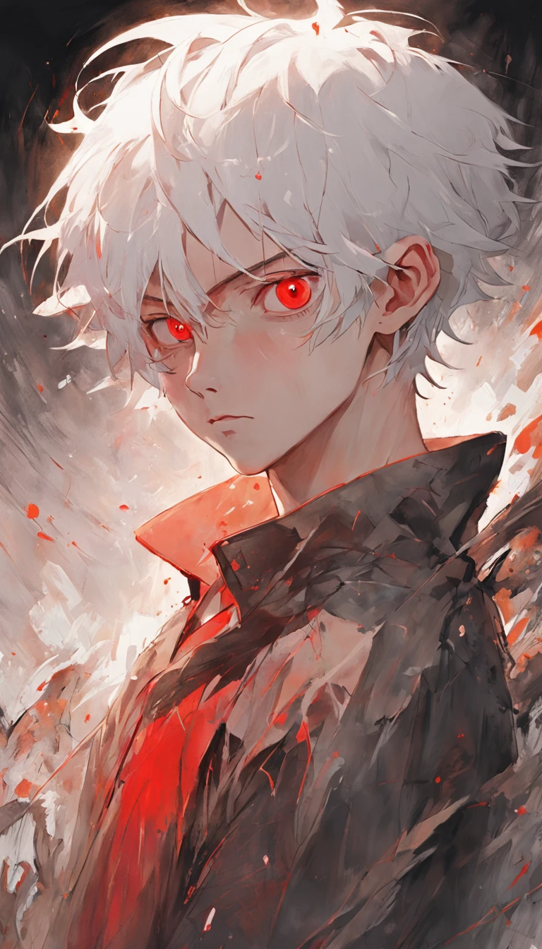 young boy with white hair and red eyes, There is ugliness in beauty, But there is also beauty in ugliness, In the style of Adrian Ghenie, Esao Adrews, Jenny Saville, Edward Hopper, surrealism, Dark Art par James Jean, Takato Yamato, Minimalism inkpunk, masterpiece, best quality, ultra detailed, Detailed Light, Vibrant colors, Detailed face, Deitaled Eyes, darkly