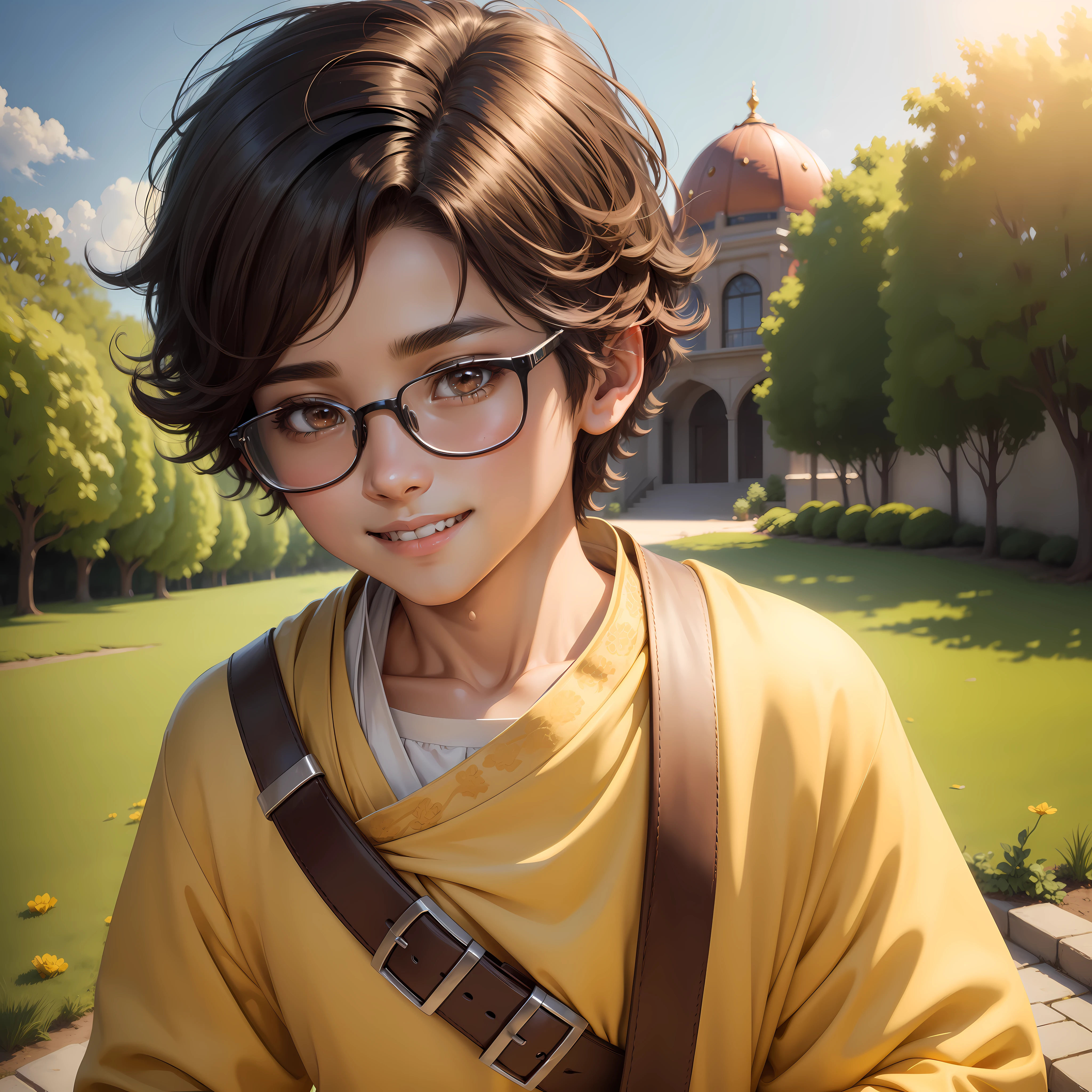 (masterpiece),(best quality:1.0), (ultra highres:1.0), detailed illustration, 8k, 1boy, anime boy, wearing punjabi, smiling, glassses, detailed face, perfect face, anime eyes, detailed eyes, dark brown eyes, detailed hair, highlights in hair, sunny, day time, highly detailed, anime style, vibrant