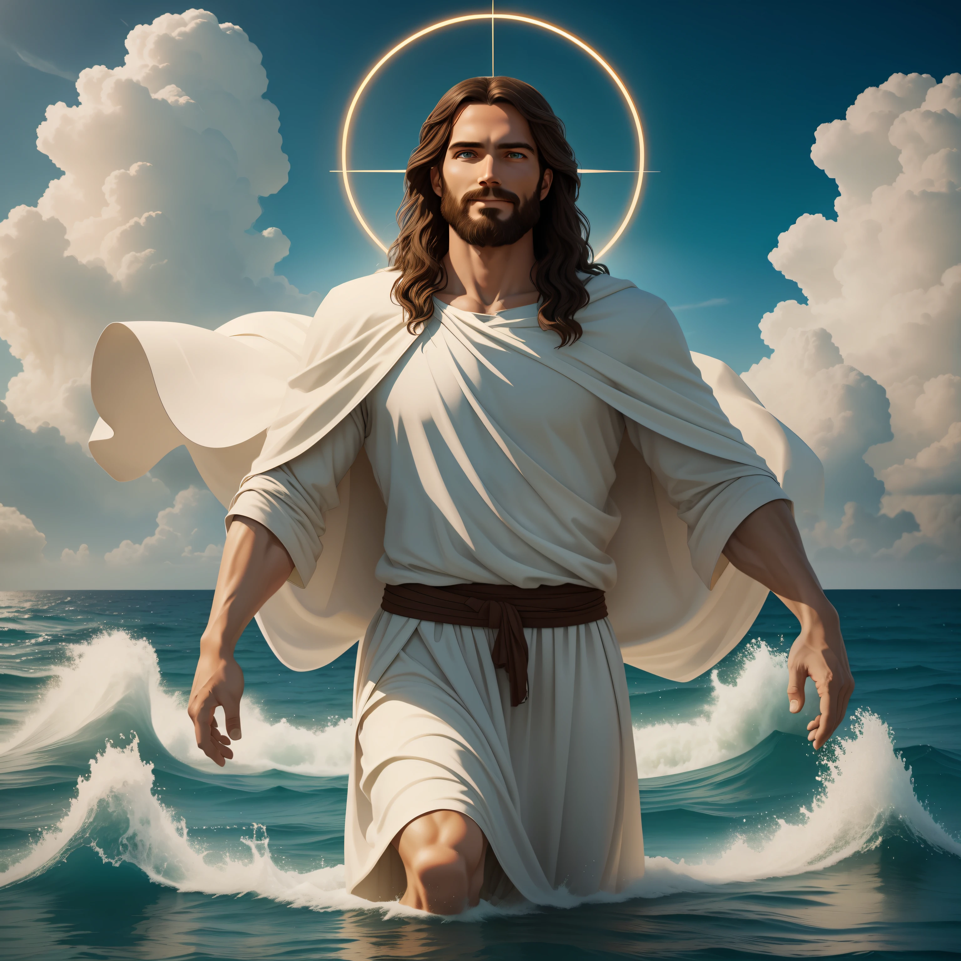 Jesus, serious face, coming out from the sea, sunny day, sunny background, UHD, side lighting, ultra realistic, ray tracing, full body must be shown