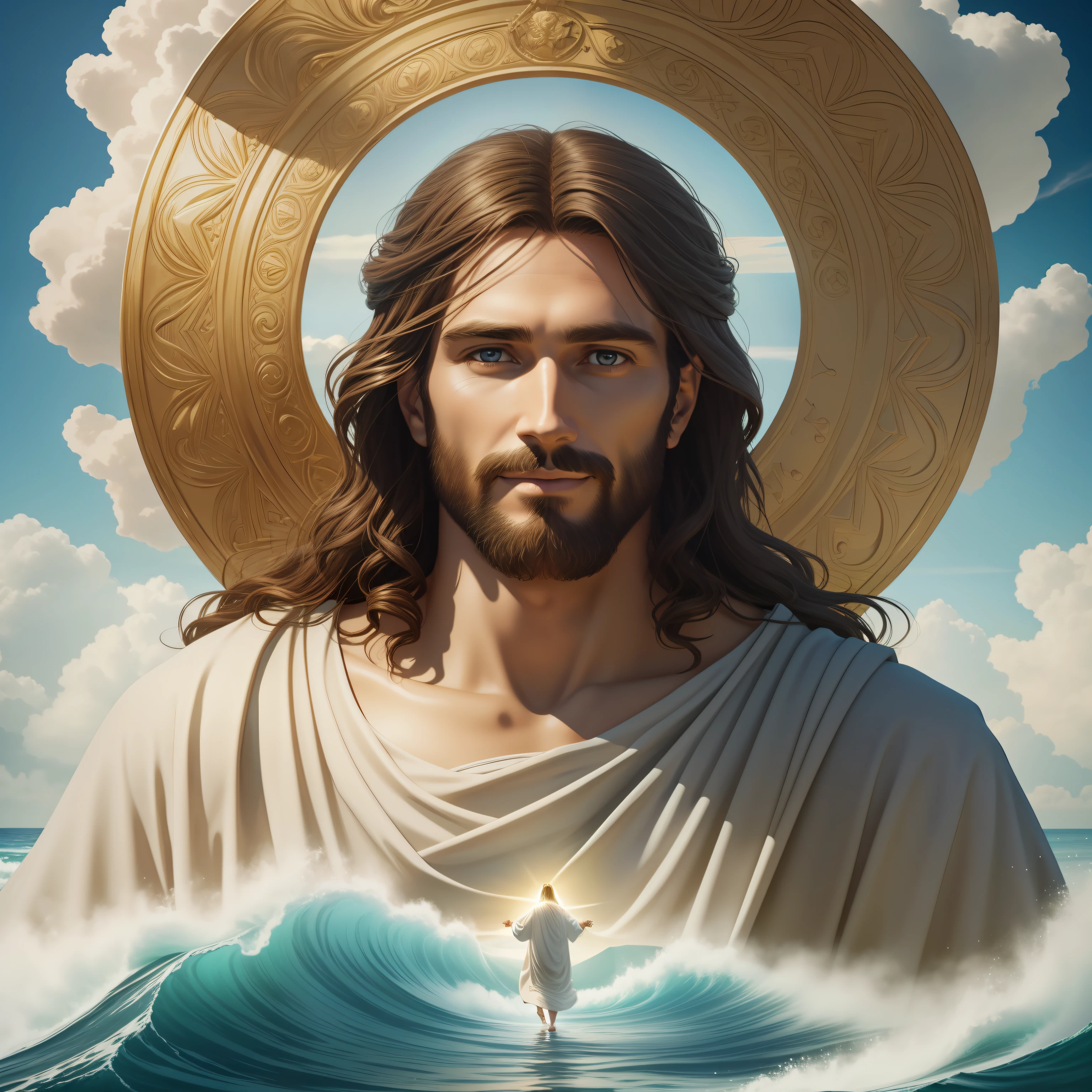 Real Jesus flying on sky with a flying cloud in the background, Jesus walking on water, biblical illustration, epic biblical representation, forcing him to flee, coming out of the ocean, ! holding in hand!, disembarking, god of the ocean, beautiful representation, 8k 3D Model, realistic,
a 3D Realistic of jesus with a halo in the sky, jesus christ, smiling in heaven, portrait of jesus christ, jesus face, 35 young almighty god, portrait of a heavenly god, greg olsen, gigachad jesus, jesus of nazareth, jesus, the face of god, god looking at me, he is greeting you warmly, he is happy, avatar image