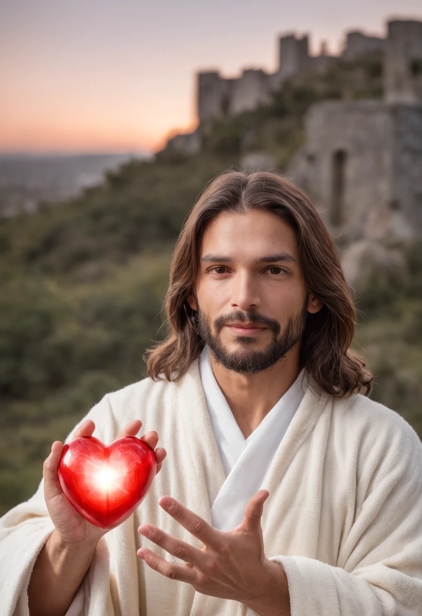 A man in a robe holding a glowing heart in his hands, Jesus Cristo, Jesus, he is greeting you warmly, ele tem um tesouro com ele, real heart, jesus of nazareth, holding a holy symbol, foto descoberta, O Senhor e Salvador, ! holding in his hand !, Tron legado Jesus Cristo, real heart!, he is casting a lighting spell, imagens sagradas