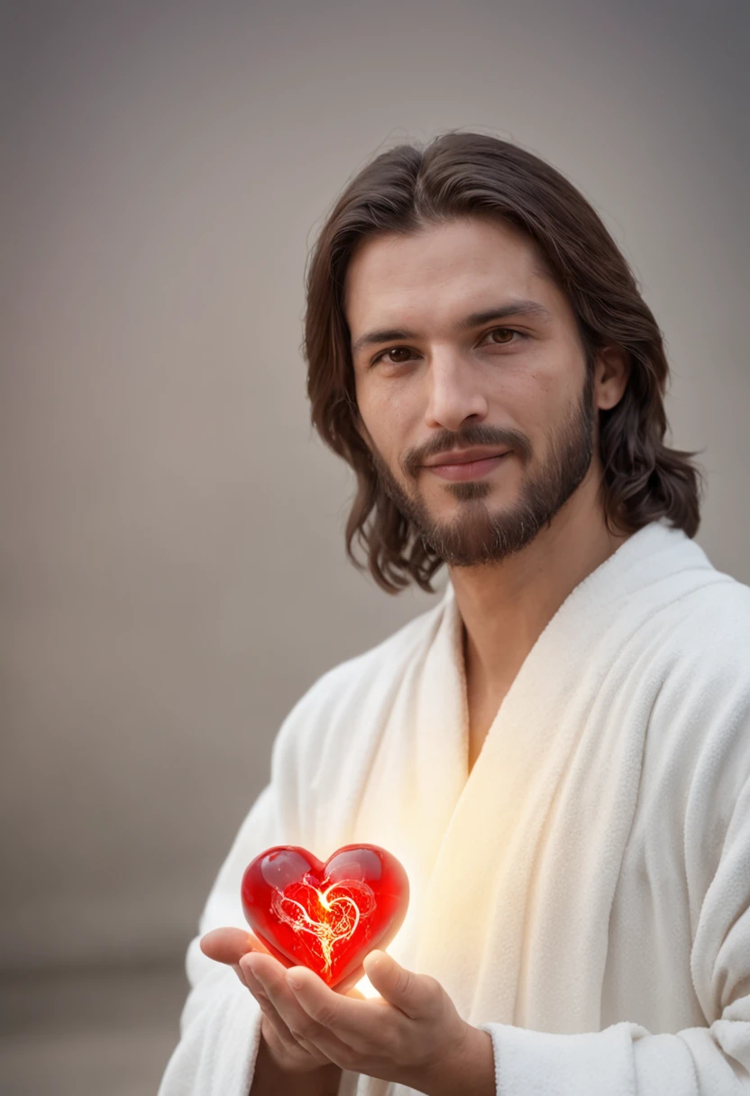 A man in a robe holding a glowing heart in his hands, Jesus Cristo, Jesus, he is greeting you warmly, ele tem um tesouro com ele, real heart, jesus of nazareth, holding a holy symbol, foto descoberta, O Senhor e Salvador, ! holding in his hand !, Tron legado Jesus Cristo, real heart!, he is casting a lighting spell, imagens sagradas
