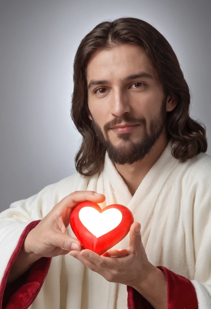 A man in a robe holding a glowing heart in his hands, Jesus Cristo, Jesus, he is greeting you warmly, ele tem um tesouro com ele, real heart, jesus of nazareth, holding a holy symbol, foto descoberta, O Senhor e Salvador, ! holding in his hand !, Tron legado Jesus Cristo, real heart!, he is casting a lighting spell, imagens sagradas