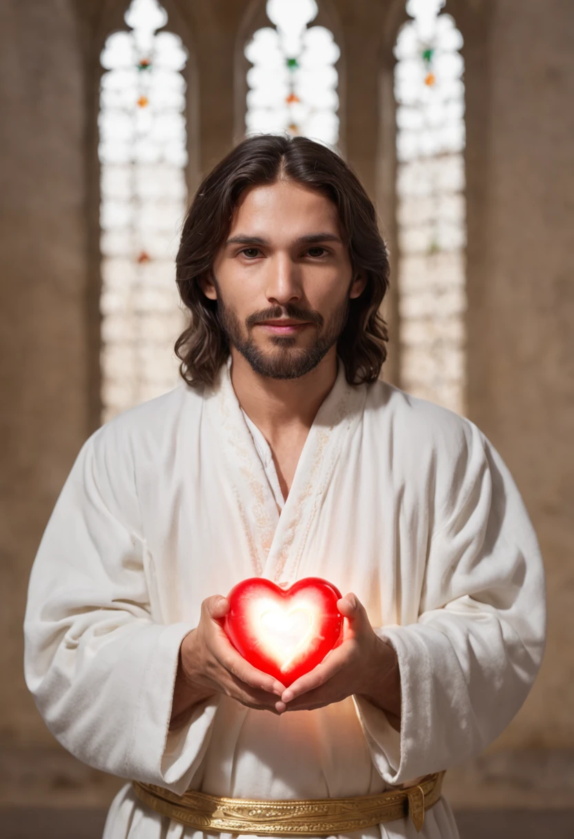 A man in a robe holding a glowing heart in his hands, Jesus Cristo, Jesus, he is greeting you warmly, ele tem um tesouro com ele, real heart, jesus of nazareth, holding a holy symbol, foto descoberta, O Senhor e Salvador, ! holding in his hand !, Tron legado Jesus Cristo, real heart!, he is casting a lighting spell, imagens sagradas