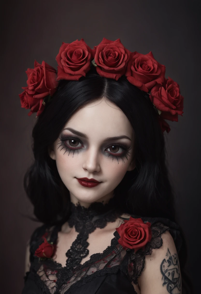 A Colored Tattoo Art Masterpiece, Chibi Katrina Gothic Doll, Black hair, creepy smiling, Red Dress, Blood and roses, In a Castle, detailed and Intrincicated, HD, Bioluminicense