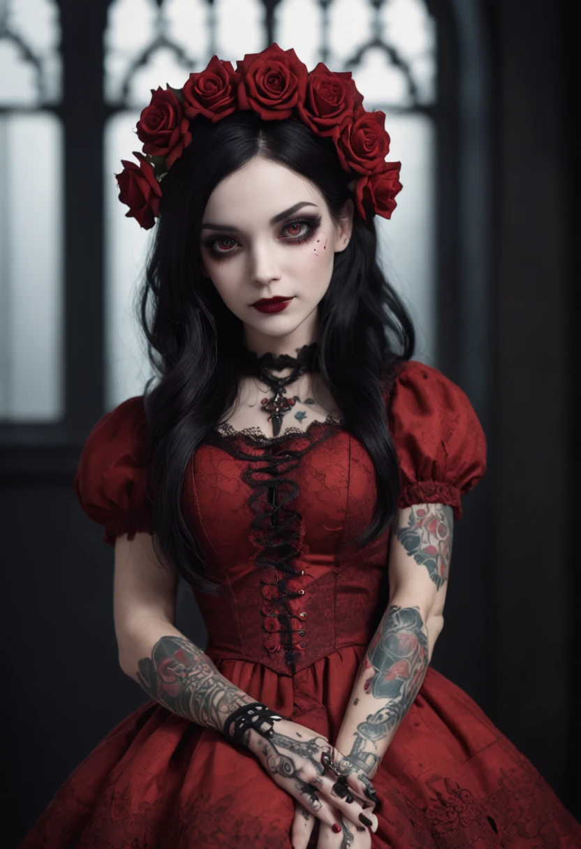 A Colored Tattoo Art Masterpiece, Chibi Katrina Gothic Doll, Black hair, creepy smiling, Red Dress, Blood and roses, In a Castle, detailed and Intrincicated, HD, Bioluminicense