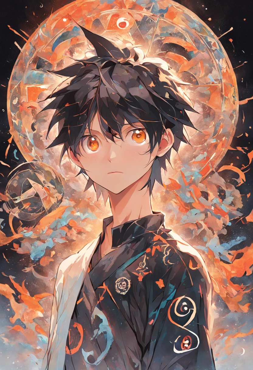circle combined with triangle, chakra, art style DMT, psilocybin, sacred geometric symbol, depicting philosophy of life, yin and yang, birth and death, yin and yang eyes young boy in the middle of the language, clearly showing left eye letters "yin" and right eye letters "yang" characters in Chinese