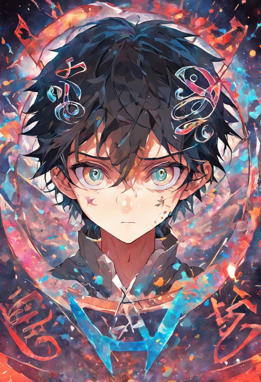 circle combined with triangle, chakra, art style DMT, psilocybin, sacred geometric symbol, depicting philosophy of life, yin and yang, birth and death, yin and yang eyes young boy in the middle of the language, clearly showing left eye letters "yin" and right eye letters "yang" characters in Chinese