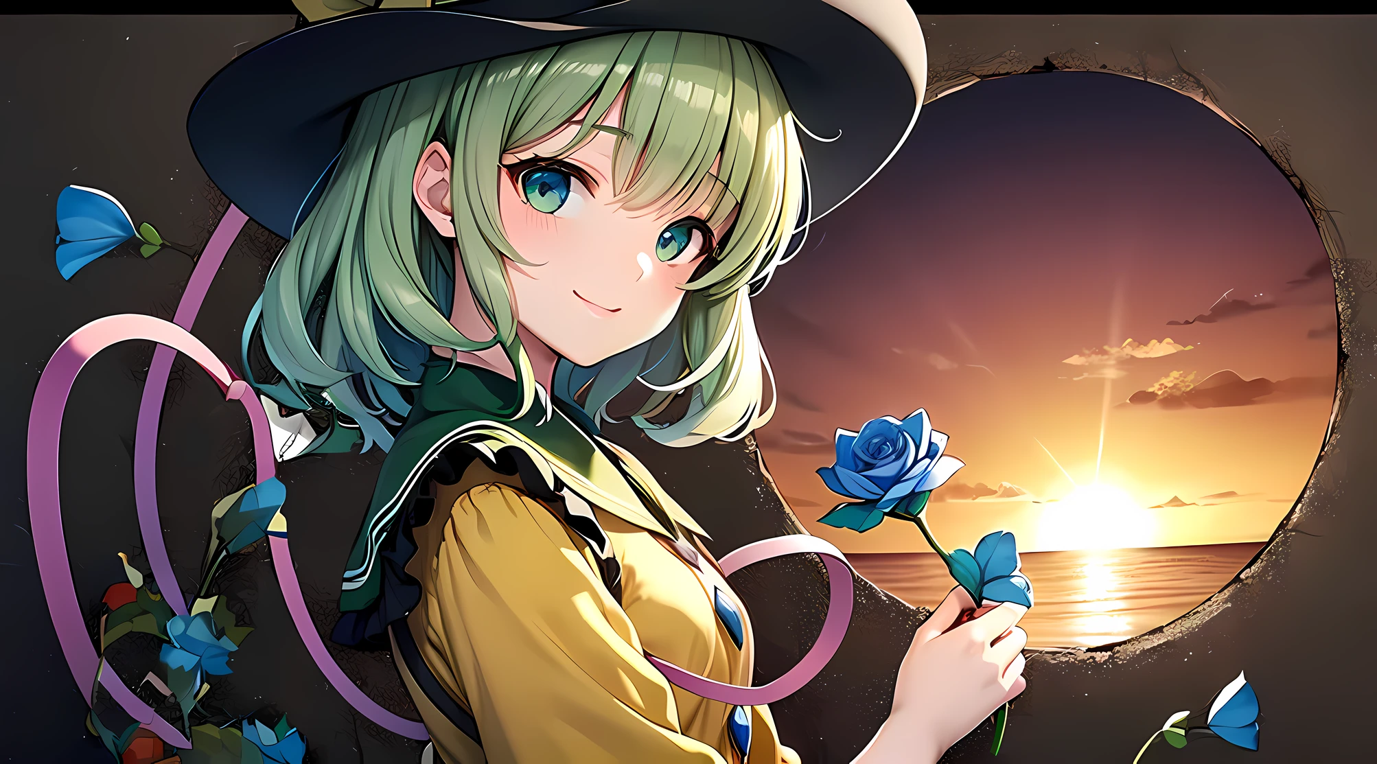 Anime girl with green hair and hat, Holding a flower, from touhou, trending on artstation pixiv, anime visual of a cute girl, anime cover, official artwork, guweiz on pixiv artstation, anime visual of a young woman, Anime visual, Alchemist Girl, touhou project, light novel cover art, made with anime painter studio