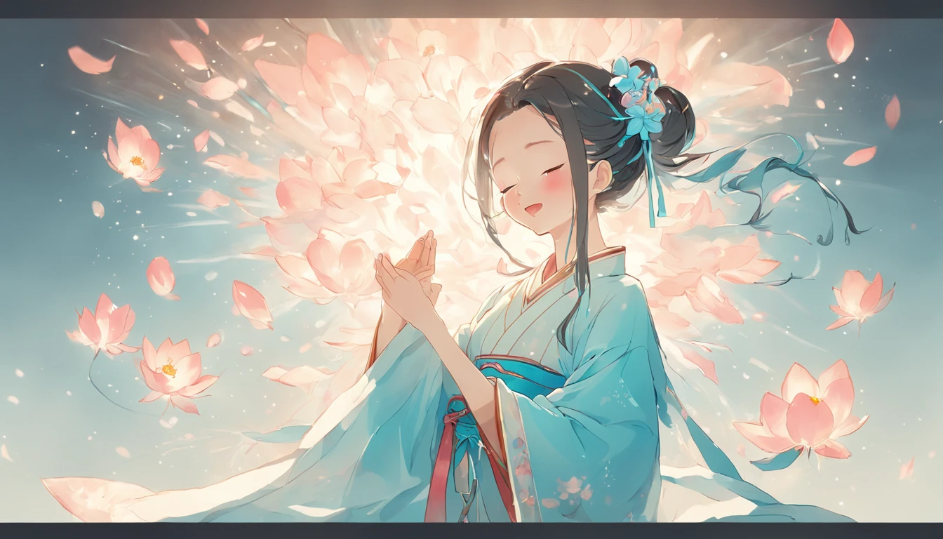 Ancient Chinese girl in light blue Hanfu smiling,Prayers are surrounded. Huge lotus flower, ,The median is transparent/Translucent pink lotus, soft, Glow,author:Yumei, Light, light blue and white, Simple white background, 8K ,cheerfulness,Bright, Sunny, Warm and sunny,Veiled face,Many petals are falling, North and South Dynasties,Hanfu, Very simple wind, Line,Chibi anime style