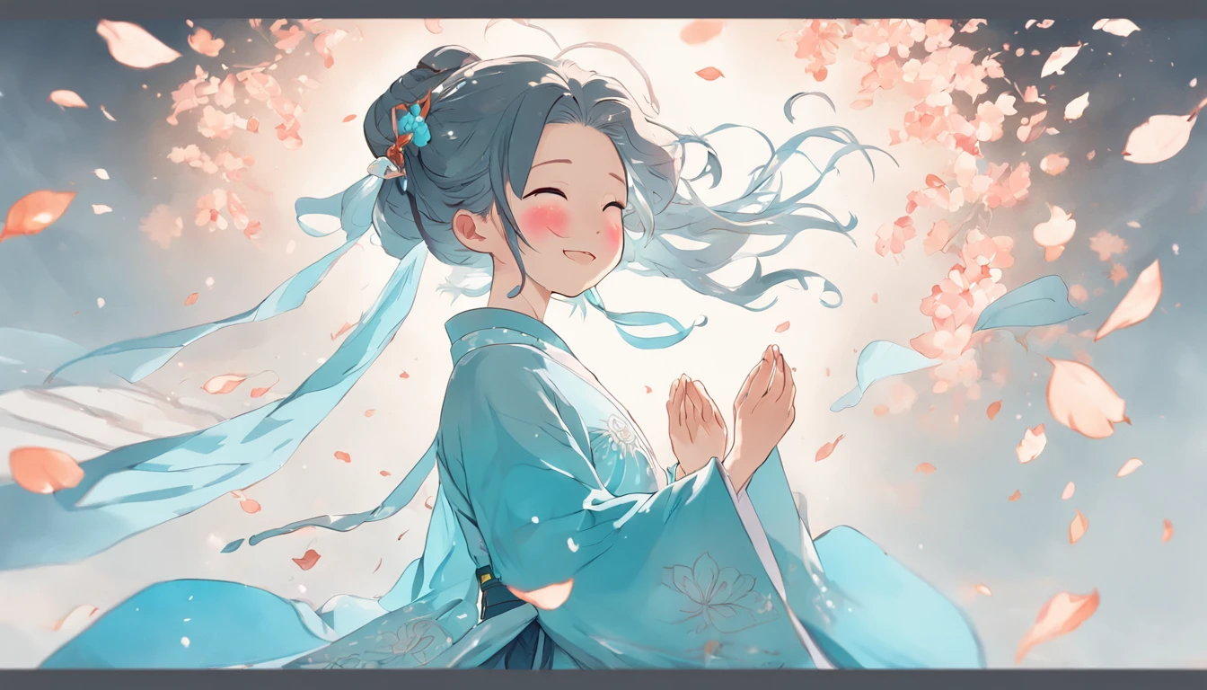Ancient Chinese girl in light blue Hanfu smiling,Prayers are surrounded. Huge lotus flower, ,The median is transparent/Translucent pink lotus, soft, Glow,author:Yumei, Light, light blue and white, Simple white background, 8K ,cheerfulness,Bright, Sunny, Warm and sunny,Veiled face,Many petals are falling, North and South Dynasties,Hanfu, Very simple wind, Line,Chibi anime style