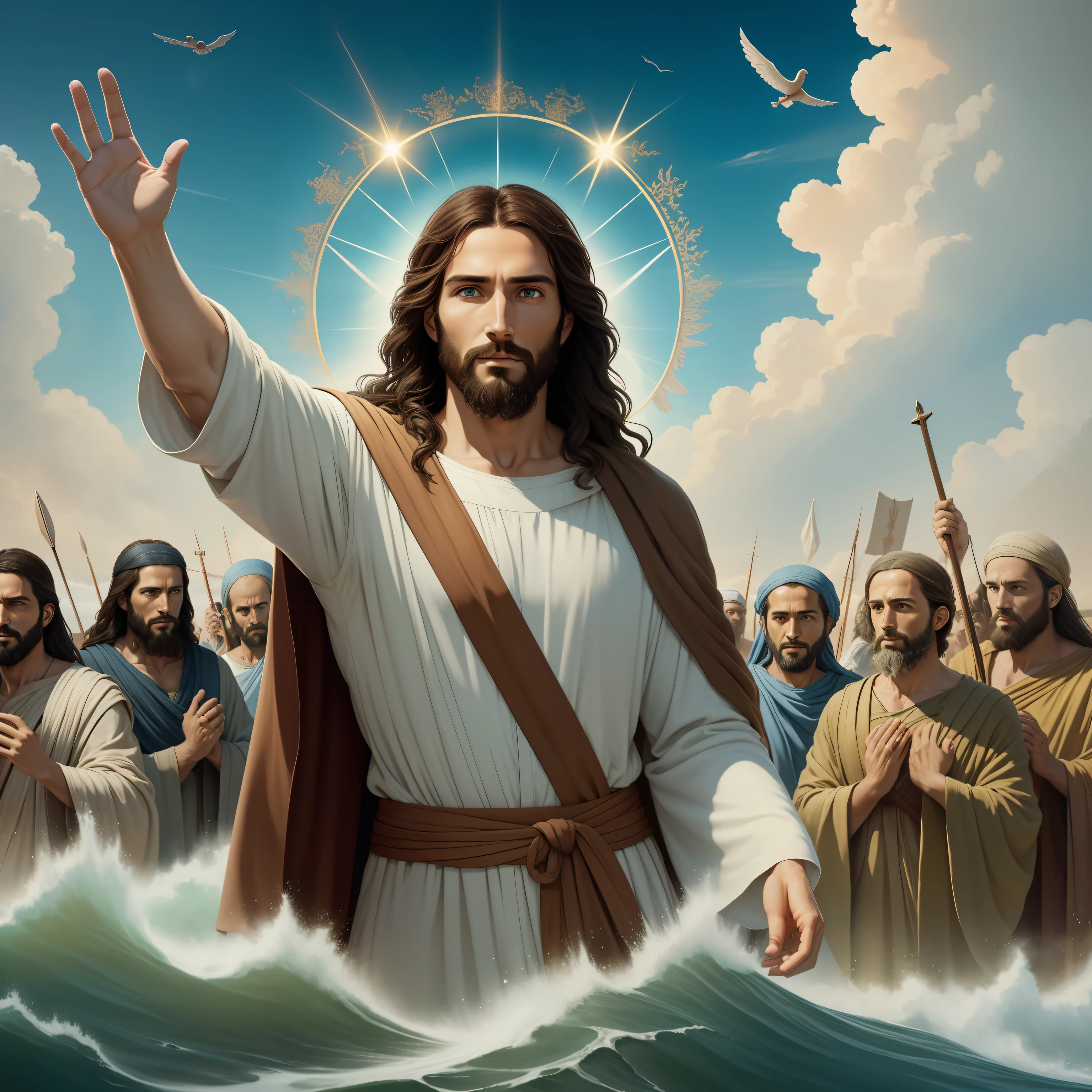 A beautiful ultra-thin realistic portrait of Jesus, the prophet, a man 35 years old Hebrew brunette, short brown hair, perfect real blue eyes, long brown beard, with, Helping People , wearing long linen tunic closed on the chest part, in front view, full body, biblical, realistic,by Diego Velázquez,Peter Paul Rubens,Rembrandt,Alex Ross,8k, Concept Art, PhotoRealistic, Realistic, Illustration, Oil Painting, Surrealism, HyperRealistic, helping people , Digital art, style, watercolorReal Jesus flying on sky with a flying cloud in the background, Jesus walking on water, biblical illustration, epic biblical representation, forcing him to flee, coming out of the ocean, ! holding in hand!, disembarking, god of the ocean, beautiful representation, 8k 3D Model, realistic,
a 3D Realistic of jesus with a halo in the sky, jesus christ, smiling in heaven, portrait of jesus christ, jesus face, 35 young almighty god, portrait of a heavenly god, greg olsen, gigachad jesus, jesus of nazareth, jesus, the face of god, god looking at me, he is greeting you warmly, he is happy, avatar image