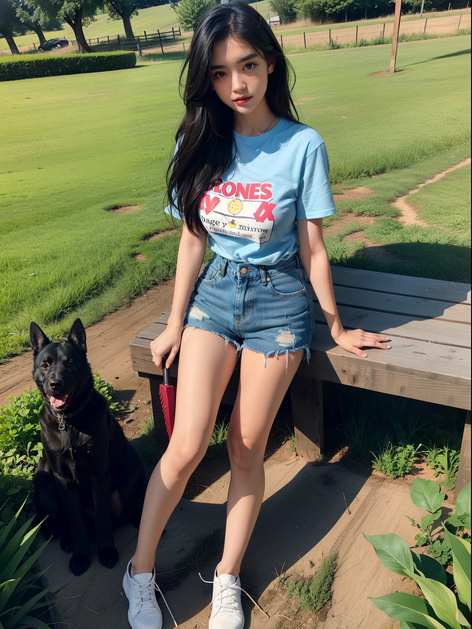 1girll,Wear denim shorts and a trendy T-shirt，Holding a hoe in the field