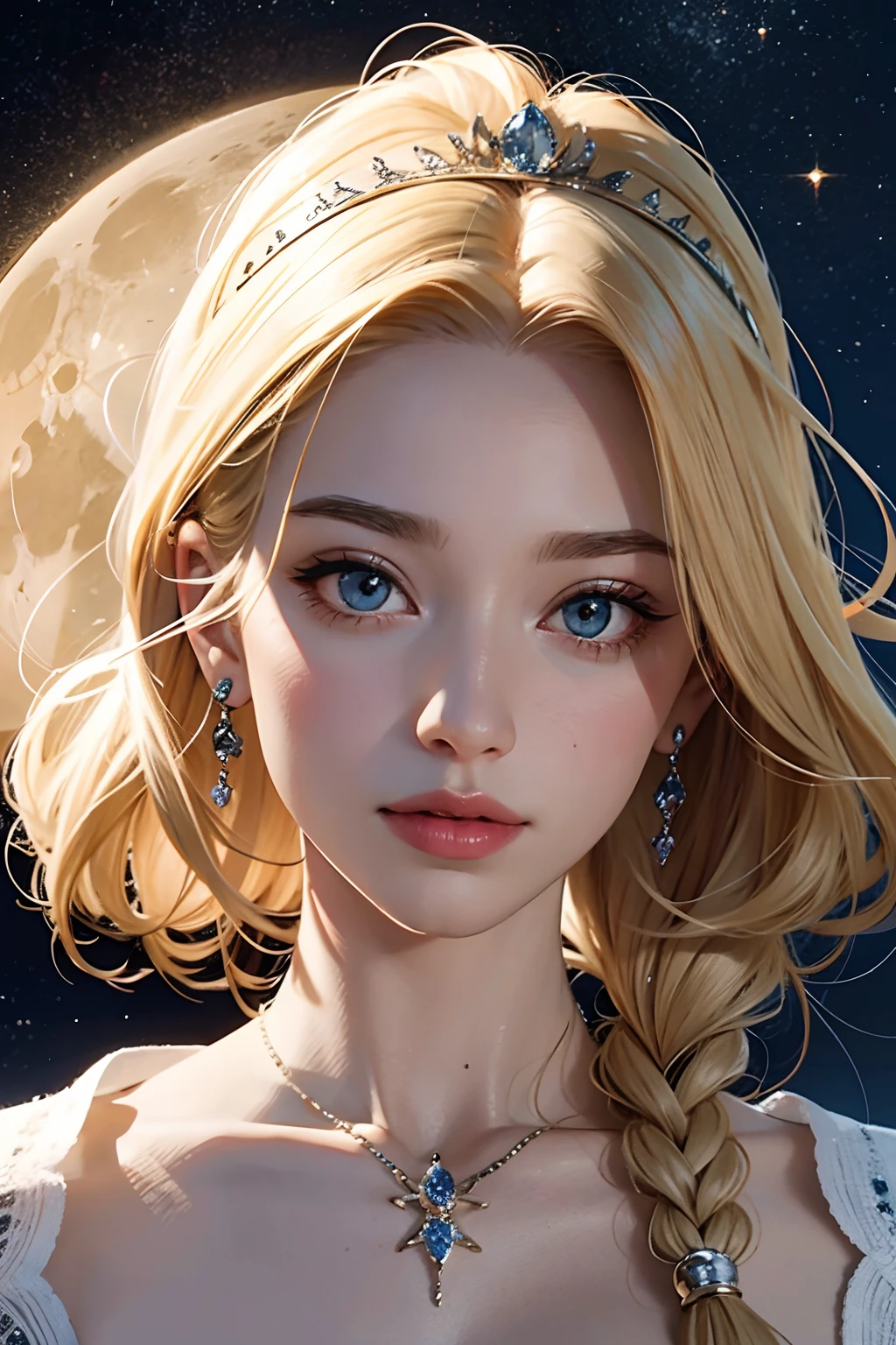 European Princesse blond hair jewlery super detailed hyper realistic master piece scene Moon behind face portrait