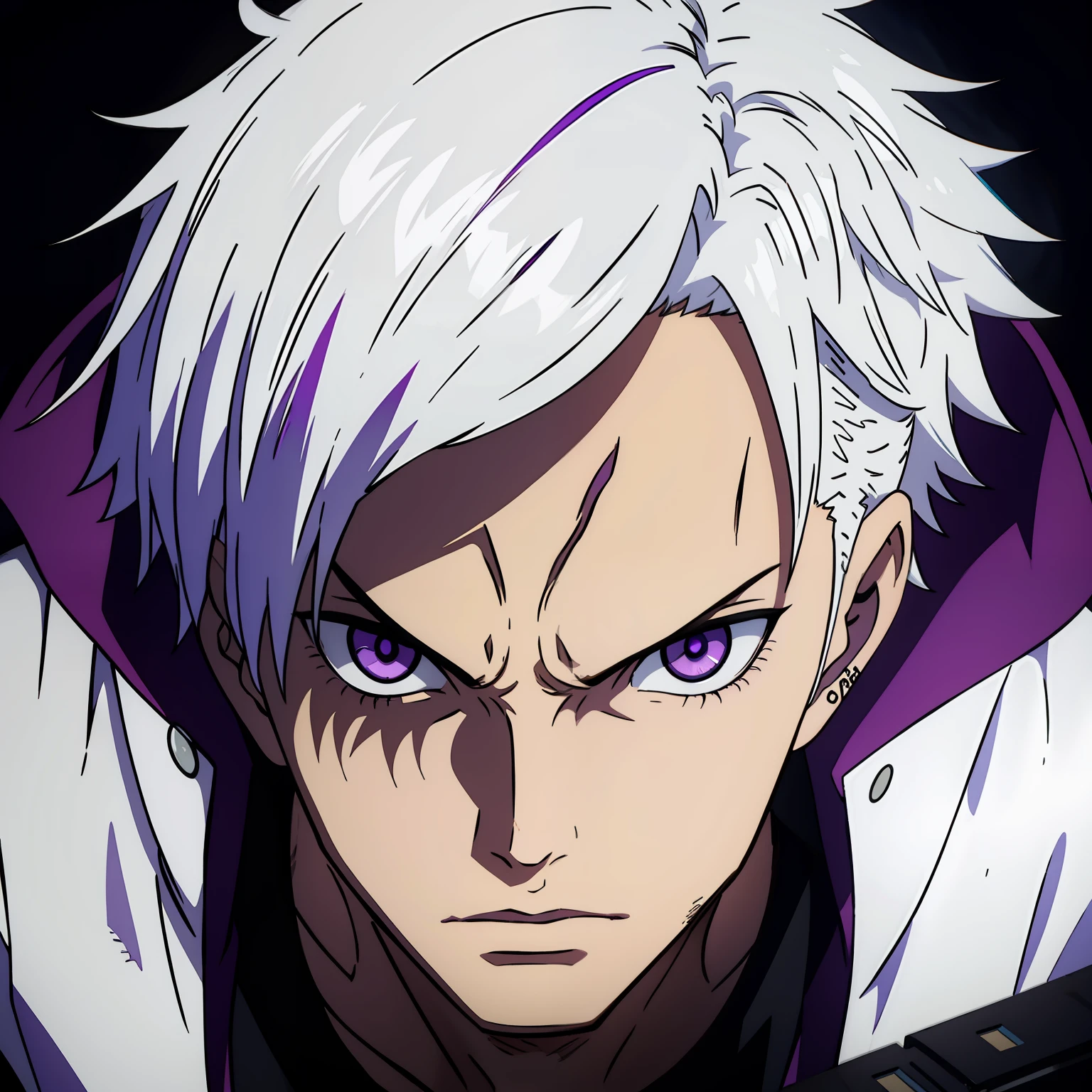 Emo boy with white hair and purple eyes