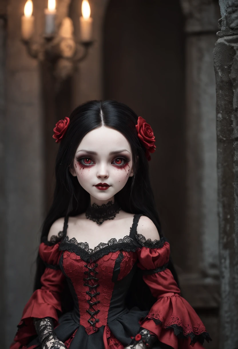 A Colored Tattoo Art Masterpiece, Chibi Katrina Gothic Doll, Black hair, creepy smiling,  Red Dress,  Blood and roses,  In a Castle,  detailed and Intrincicated, HD, Bioluminicense