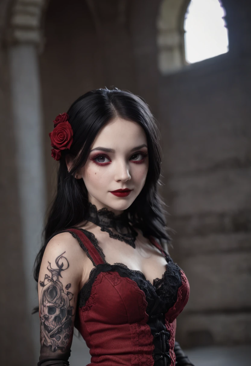 A Colored Tattoo Art Masterpiece, Chibi Katrina Gothic Doll, Black hair, creepy smiling, Red Dress, Blood and roses, In a Castle, detailed and Intrincicated, HD, isometric fractal Bioluminicense