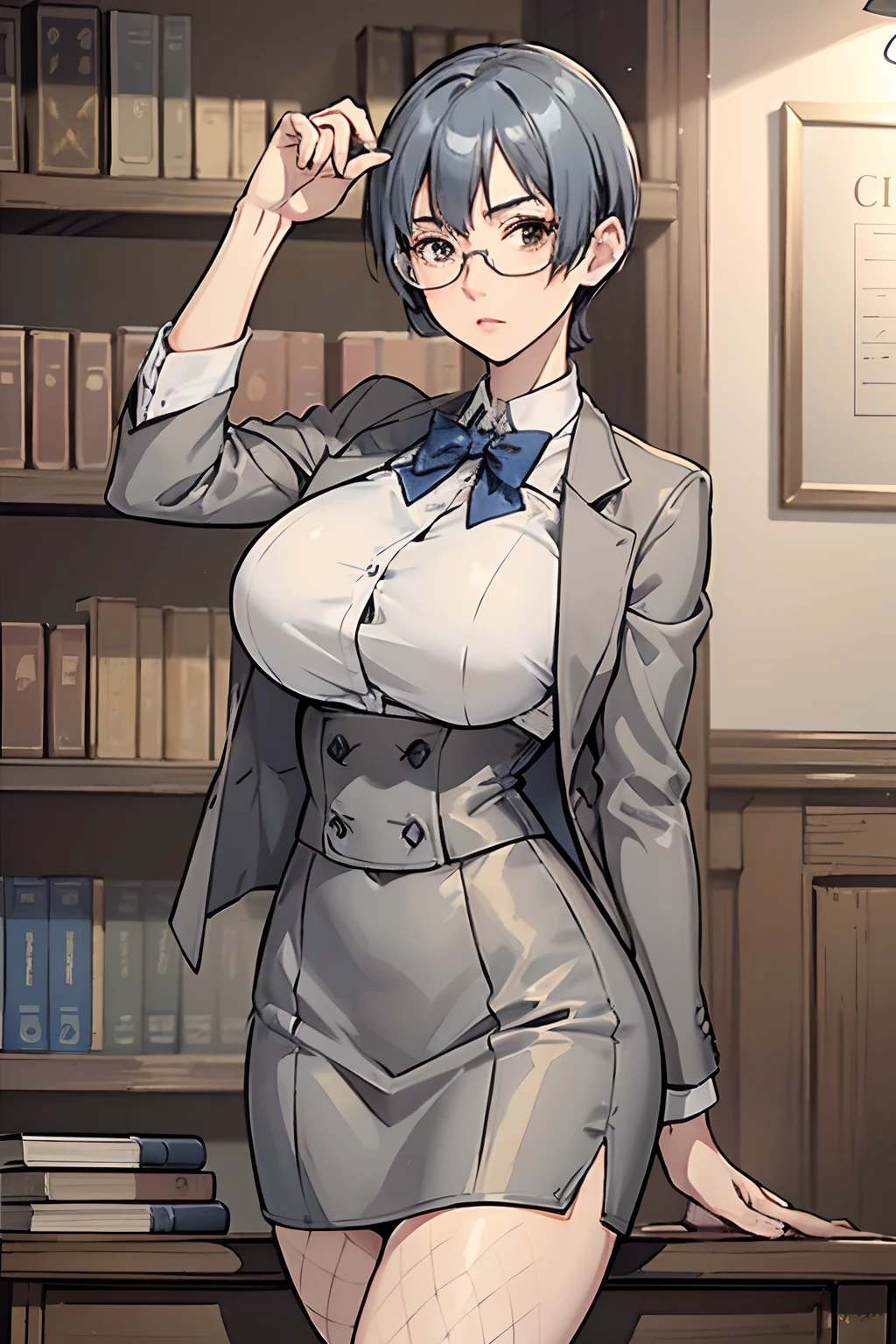 Secretary outfit, grey mini rock, white shirt, grey jacket, fishnets, adult, 35 years old, beautiful women, blue hair, short hair, office hair cut, glasses, brown eyes, beautiful brown eyes, strict gaze, serious expression, tall women, big breasts, slim body, clipboard in hands, masterpiece, antique office background, bookshelves