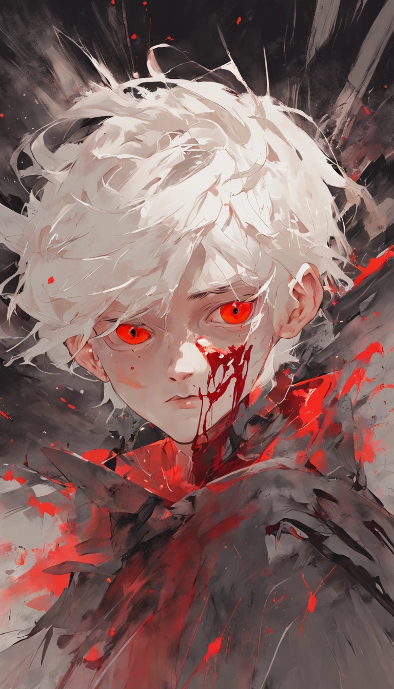 young boy with white hair and red eyes, There is ugliness in beauty, But there is also beauty in ugliness, In the style of Adrian Ghenie, Esao Adrews, Jenny Saville, Edward Hopper, surrealism, Dark Art par James Jean, Takato Yamato, Minimalism inkpunk
