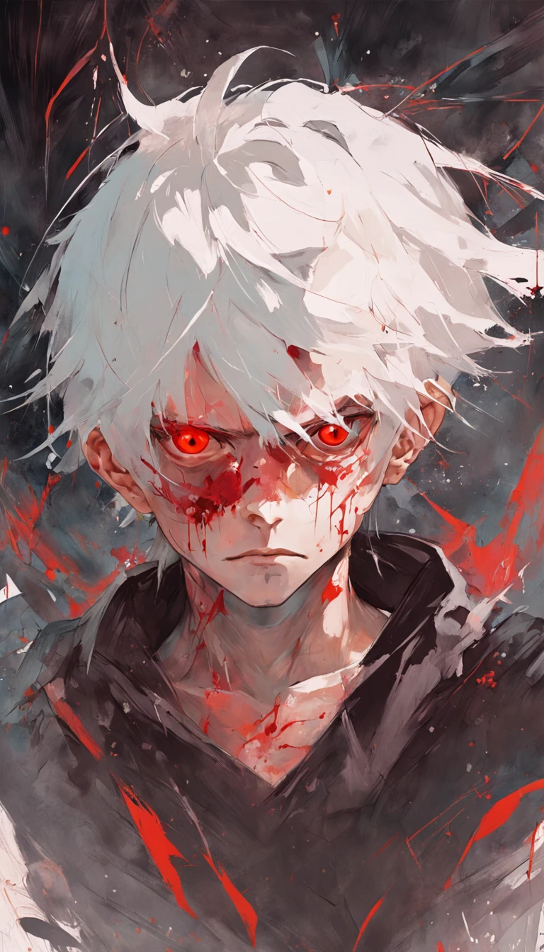 young boy with white hair and red eyes, There is ugliness in beauty, But there is also beauty in ugliness, In the style of Adrian Ghenie, Esao Adrews, Jenny Saville, Edward Hopper, surrealism, Dark Art par James Jean, Takato Yamato, Minimalism inkpunk