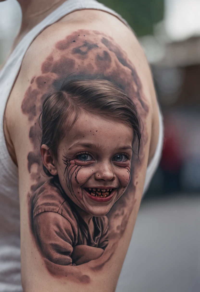 A Colored Tattoo Art Masterpiece, Baby Freddy Kruegger, Creepy Smile, Running in a Street at Night, HD