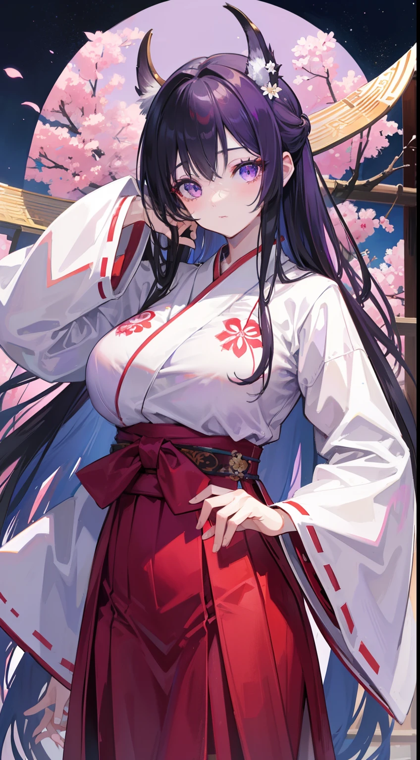 HDR, masterpiece, best quality, Highly detailed, extreme detail description, Professional, ultra-fine painting, chitanda_eru, beautiful eyes, purple eyes, big breast, long hair, Miko Clothes, long sleeves, long hakama, hakama skirt, add_detail