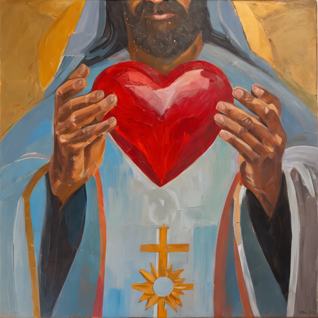 A man in a robe holding a glowing heart in his hands, Jesus Cristo, Jesus, he is greeting you warmly, ele tem um tesouro com ele, real heart, jesus of nazareth, holding a holy symbol, foto descoberta, O Senhor e Salvador, ! holding in his hand !, Tron legado Jesus Cristo, real heart!, he is casting a lighting spell, imagens sagradas
