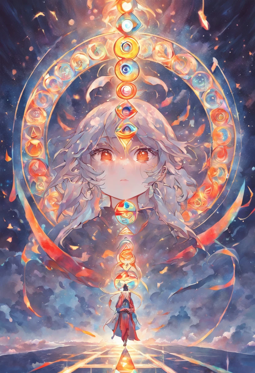 circle combined with triangle, chakra, art style DMT, psilocybin, sacred geometric symbol, depicting philosophy of life, yin and yang, birth and death, yin and yang eyes, boy in the middle of language, present clearly in the left eye the word "yin" " and in the right eye the word "yang" in Chinese