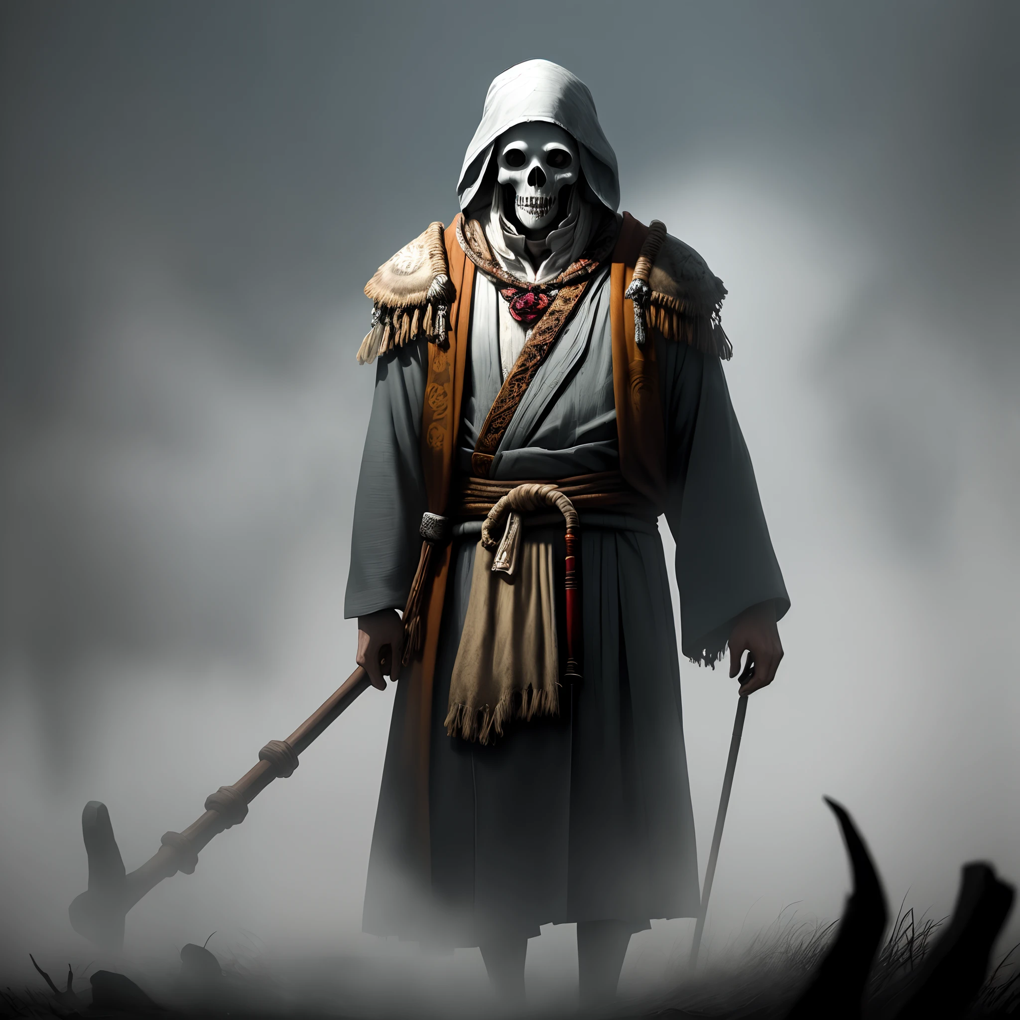 of a guy,Shaman robes,Bone cane,Spooky background,dark fog