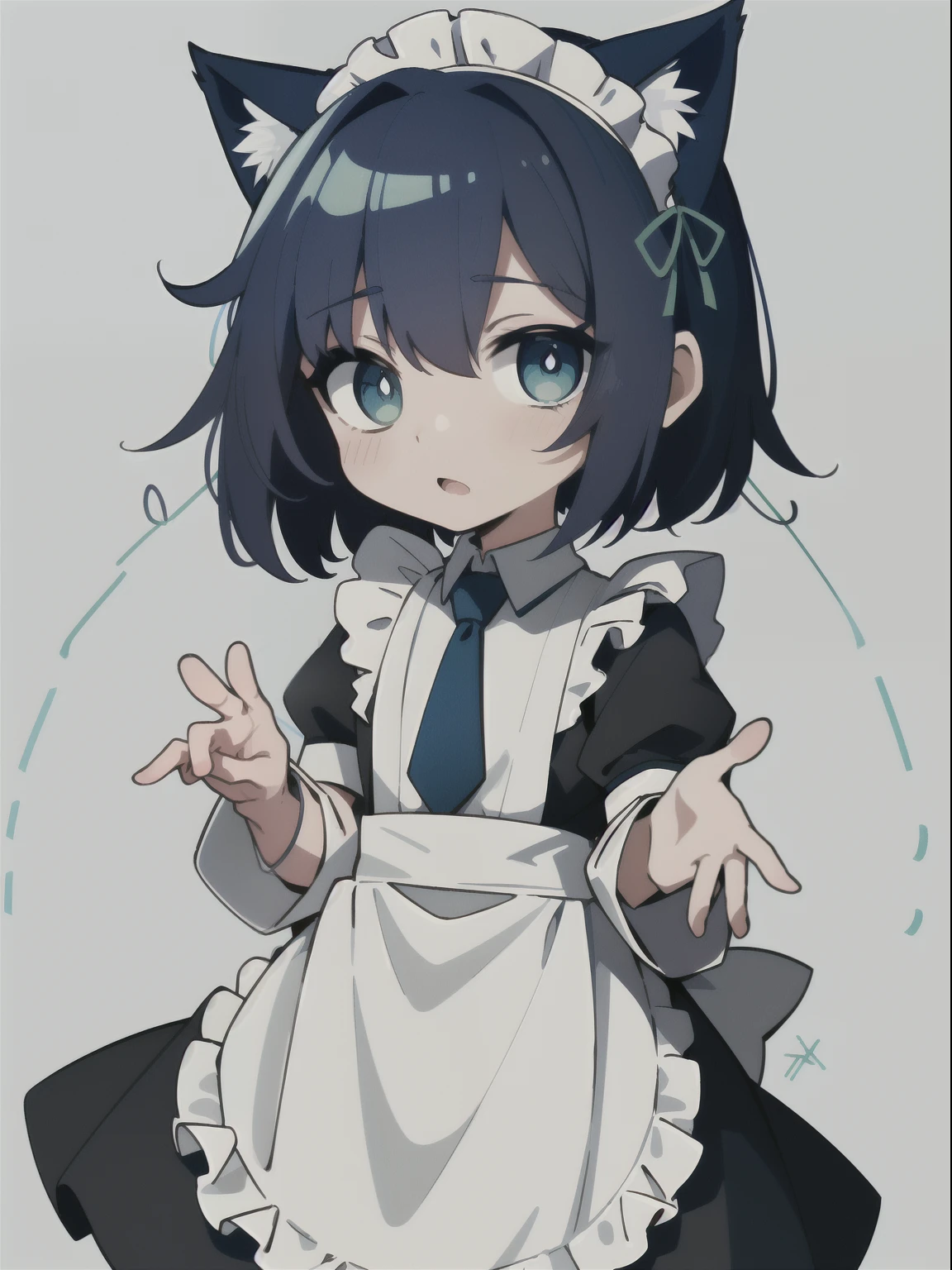 (((top-quality))), ((ultra-definition)), ((a very cute)), (Chibi Chara:1.5), (Ultramarine colored hair:1.3), (Ultramarine colored eyes:1.3), Just a little hanging eyes, slightly larger eyes, ((Maid clothes in pale blue color:1.4)), (white maid apron,) ((long-sleeve)), ((Pale blue sleeves)), ((white cuffs)), (poneyTail), (Ultramarine colored cat ears), (Dark green string tie:1.4), White ear hair, is standing, ((white backgrounid)), tshirt design