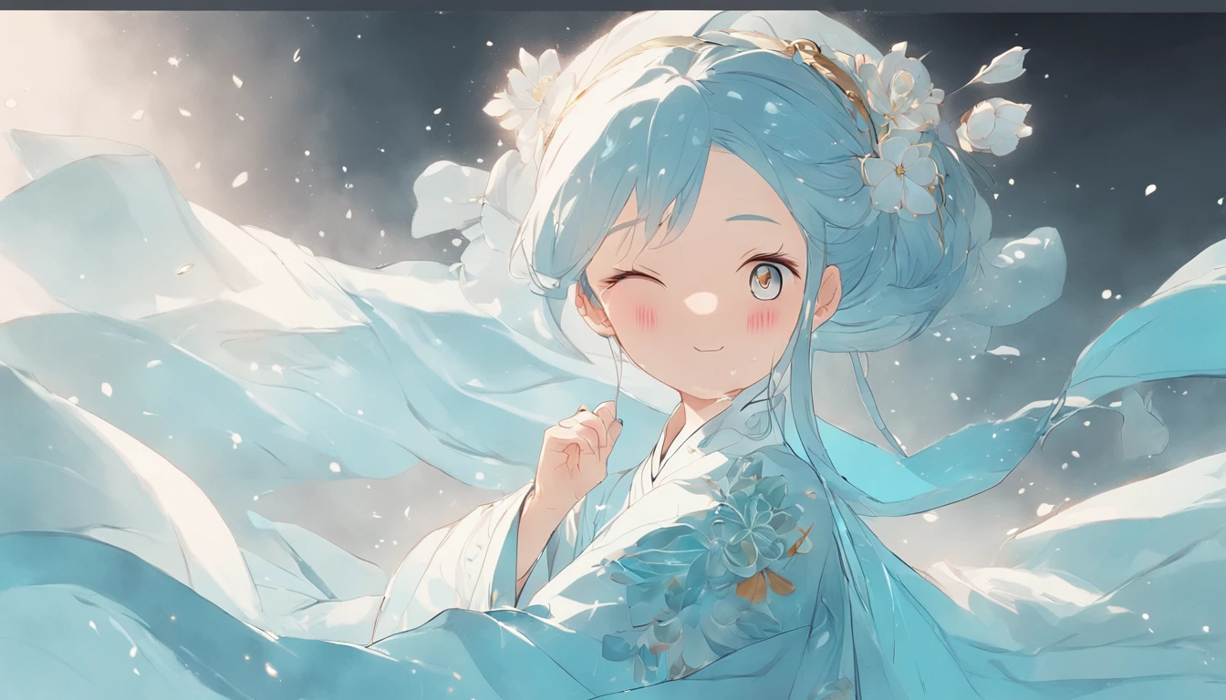 Ancient Chinese girl in light blue Hanfu smiling,Prayers are surrounded. Huge lotus flower, ,The median is transparent/Translucent pink lotus, soft, Glow,author:Yumei, Light, light blue and white, Simple white background, surrealist, , Super detail, Textured skin, 8K ,cheerfulness,Bright, Sunny, Warm and sunny,Veiled face,Many petals are falling, North and South Dynasties,Hanfu, Very simple wind, Line,Chibi anime style,Hand detail