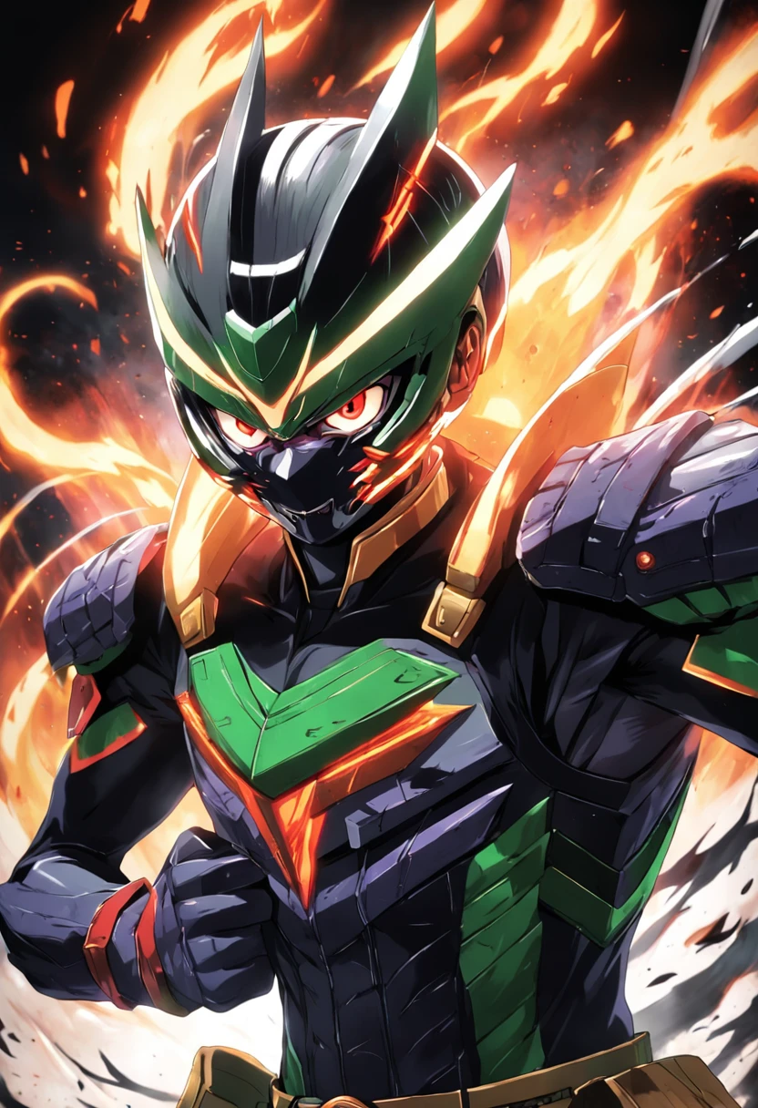 Design a gripping poster featuring Kamen_Rider_Black_RX Tu Odelschwanck from "Kamen_Rider_Black_RX" in a fit of rage. Capture the essence of his burning determination and unyielding spirit as he unleashes his wrath upon his enemies. Keep it short, bold, and intense to convey the raw power of Luffy's anger.