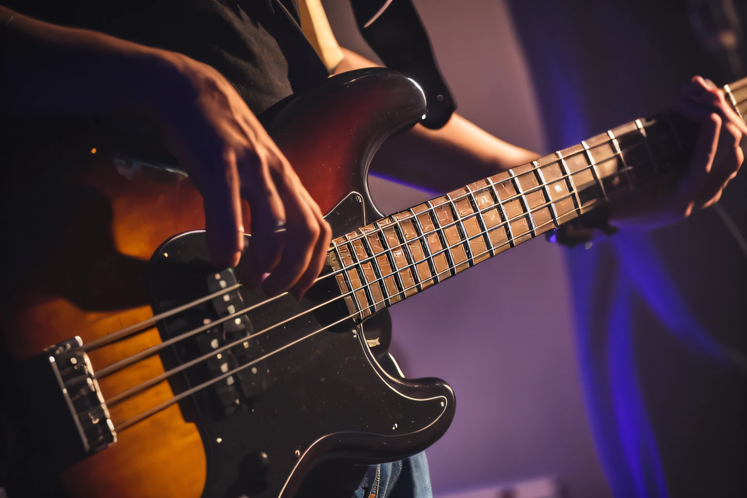 Someone is playing a bass on stage with a microphone, baixista, tocando guitarra no palco, holding an electric guitar, holding a electric guitar, holding Electric Guitar, playing electric guitar, em um fundo escuro, holding electric guitars, music being played, playing a guitar, holding a guitar, guitarrista, rocking out, playing the guitar, close up foto de retrato, tuning