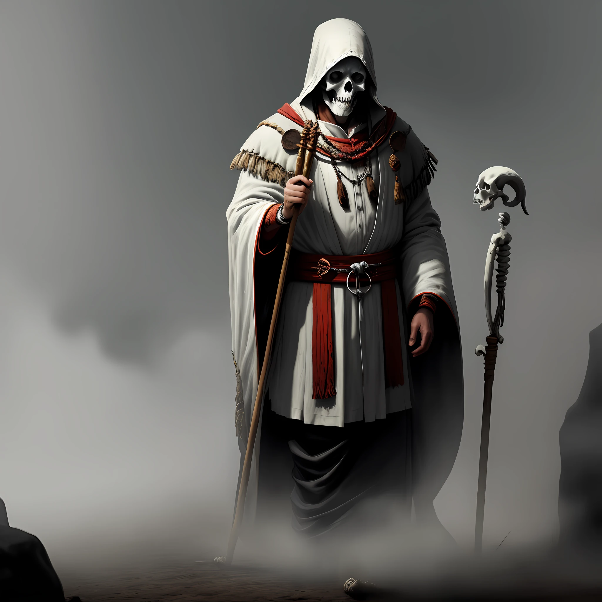 of a guy,Shaman robes,Bone cane,Spooky background,dark fog