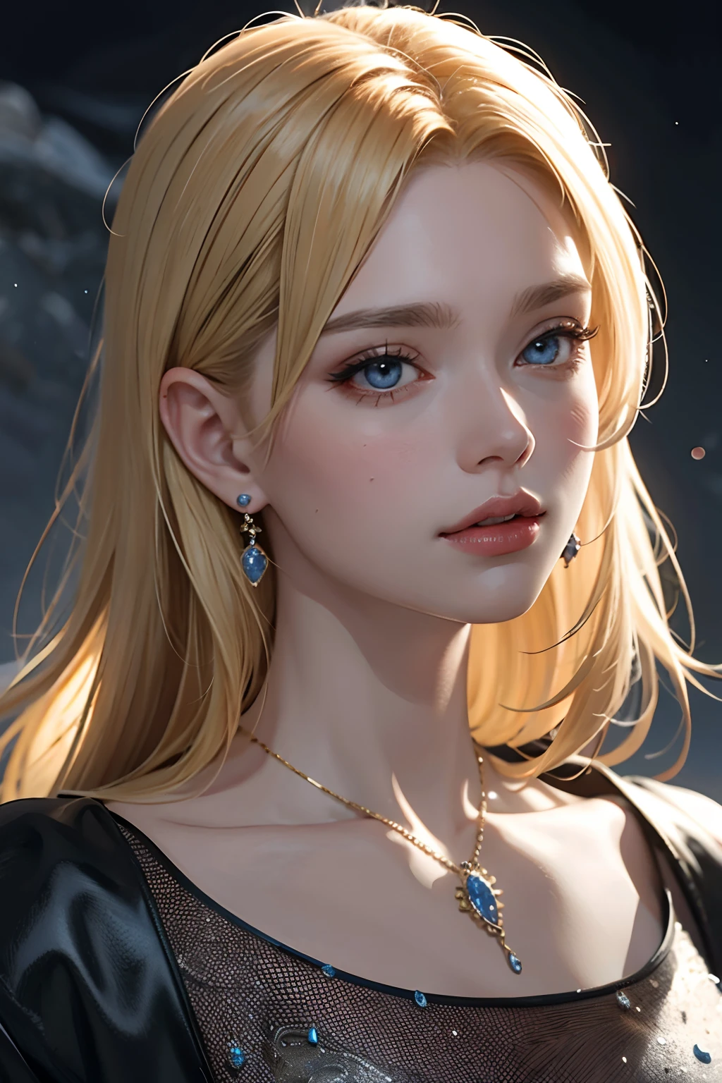 European Princesse blond hair jewlery super detailed hyper realistic master piece scene Moon behind face portrait