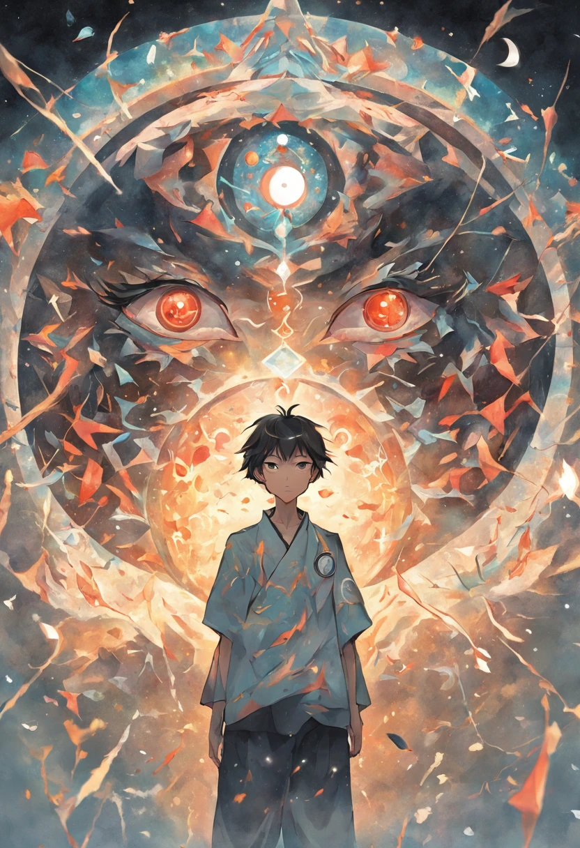 circle combined with triangle, chakra, art style DMT, psilocybin, sacred geometric symbol, depicting philosophy of life, yin and yang, birth and death, a young boy have eyes yin and yang eyes in the middle, present clearly in the left eye the word "yin" " and in the right eye the word "yang" in Chinese