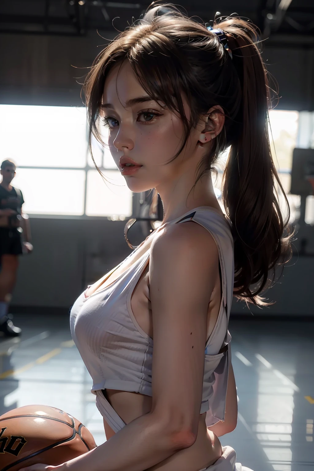 A girl at Gym doing squats, side angle view, (brightening light:1.2), (Increase quality:1.4), (best quality real texture skin:1.4), finely detailed eyes, finely detailed face, finely quality eyes, (tired and sleepy and satisfied:0.0), beautiful clothes, (Increase body line mood:1.1), (Increase skin texture beauty:1.1) (full-body)