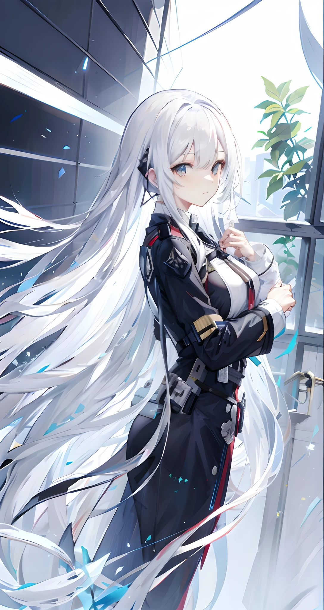 Anime girl standing in front of window with long white hair and blue eyes, Kantai collection style, azur lane style, A scene from the《azur lane》videogame, from girls frontline, girls frontline style, Fine details. Girl Front, Girls Frontline CG, Best anime 4k konachan wallpaper, high detailed official artwork, From Arknights, light novel cover art