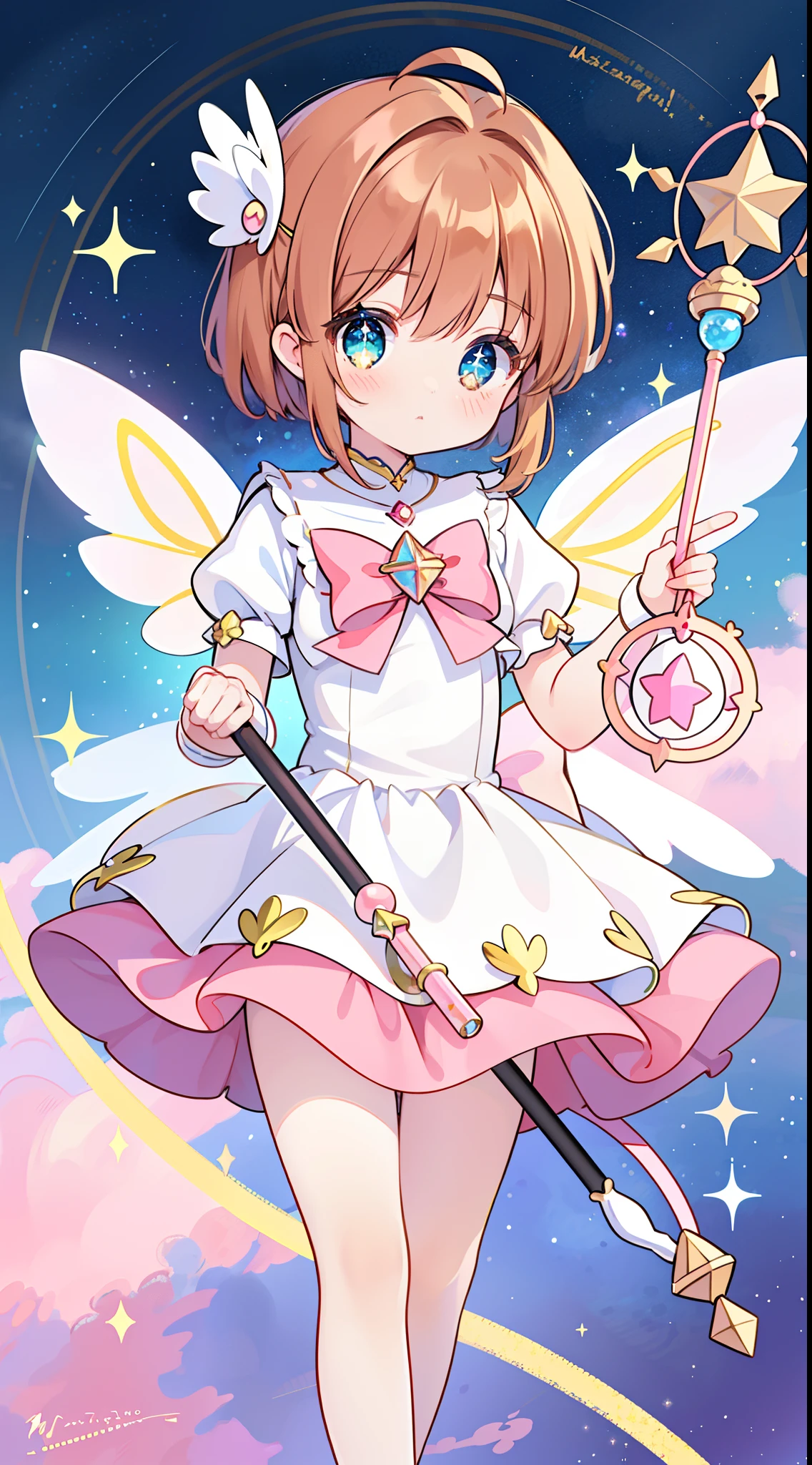 masterpiece, best quality, Anime girl with star wand in her hand, ((sparkling magical girl)), magical girl, cardcaptor sakura, clean and meticulous anime art, magical girl anime mahou shojo, beautiful anime art style, cute anime girl portraits, carrying a magical staff, zerochan art, lovely art style, astral fairy, Soft anime illustration