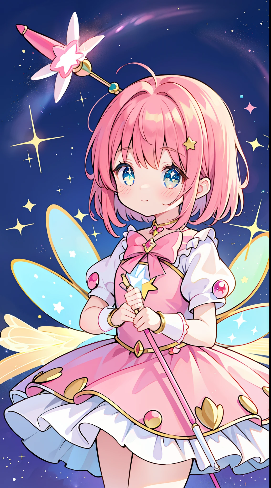 masterpiece, best quality, Anime girl with star wand in her hand, ((sparkling magical girl)), magical  girl, cardcaptor sakura, clean and meticulous anime art, magical girl anime mahou shojo, beautiful anime art style, cute anime girl portraits, carrying a magical staff, zerochan art, lovely art style, astral fairy, Soft anime illustration